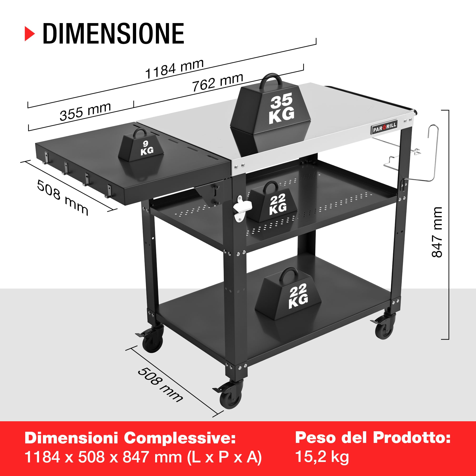 PARGRILL Carrello da Cucina a 3 Piani con Ruote, Carrello Multiuso Pieghevole con Tavolo Laterale, Ganci e Accessori, Carrello Portaoggetti da Cucina in Acciaio Inossidabile per Cucina, BBQ e Pizza | 4 ruote girevoli bloccabili, tavolo da barbecue mobile