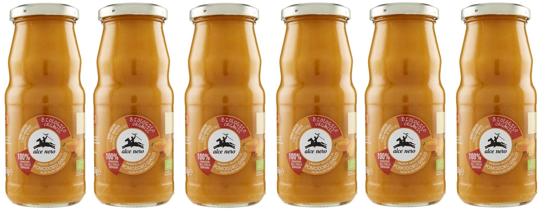6 x Alce Nero Passata Vellutata di Pomodoro Giallo Biologico Organic Yellow Tomato Puree Organic Tomatoes from Italy 350 g Glass Bottle