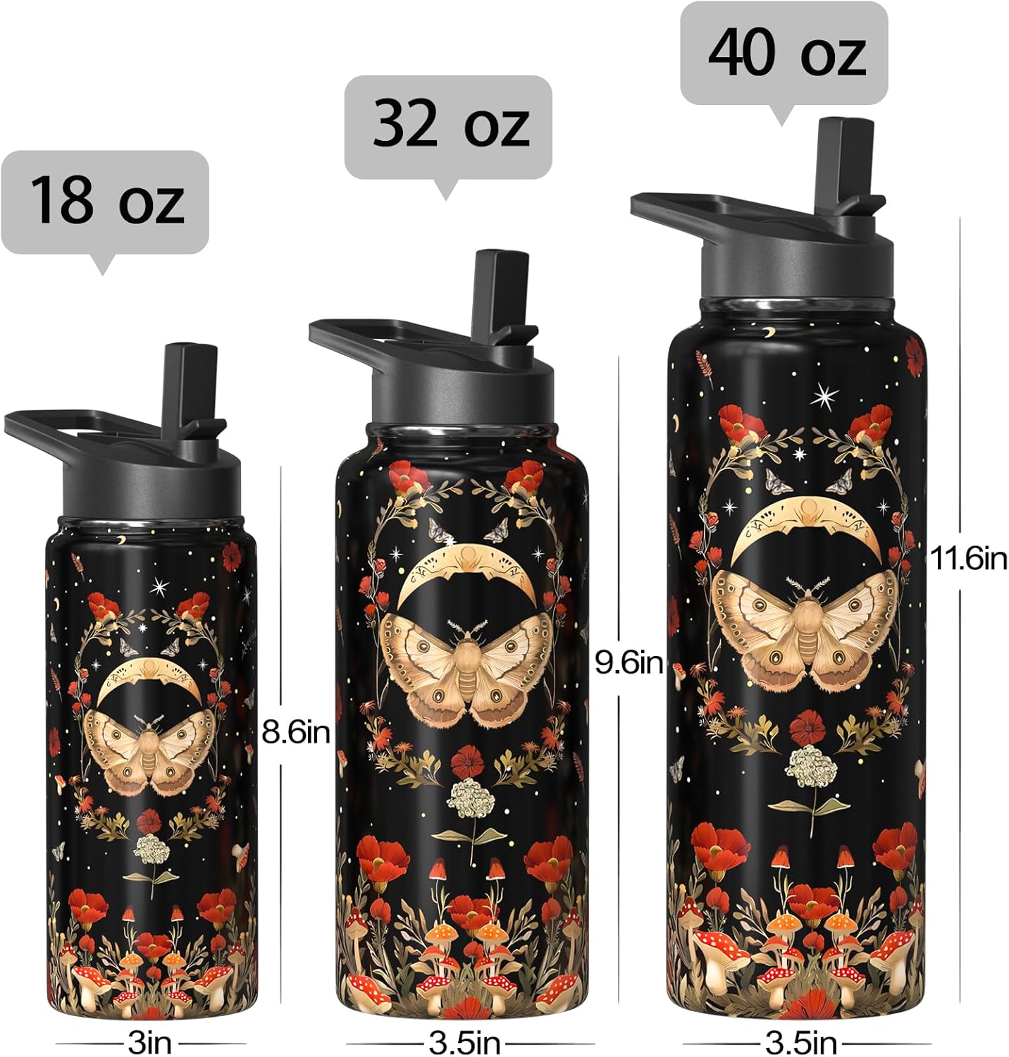 Goth Gifts 18oz Sport Water Bottle with Flip Straw & Spout Lid, Gothic Poppy Moth Stainless Steel Insulated Gym Water Bottle, Mushroom Moon Gifts for Women Men (1 PC)