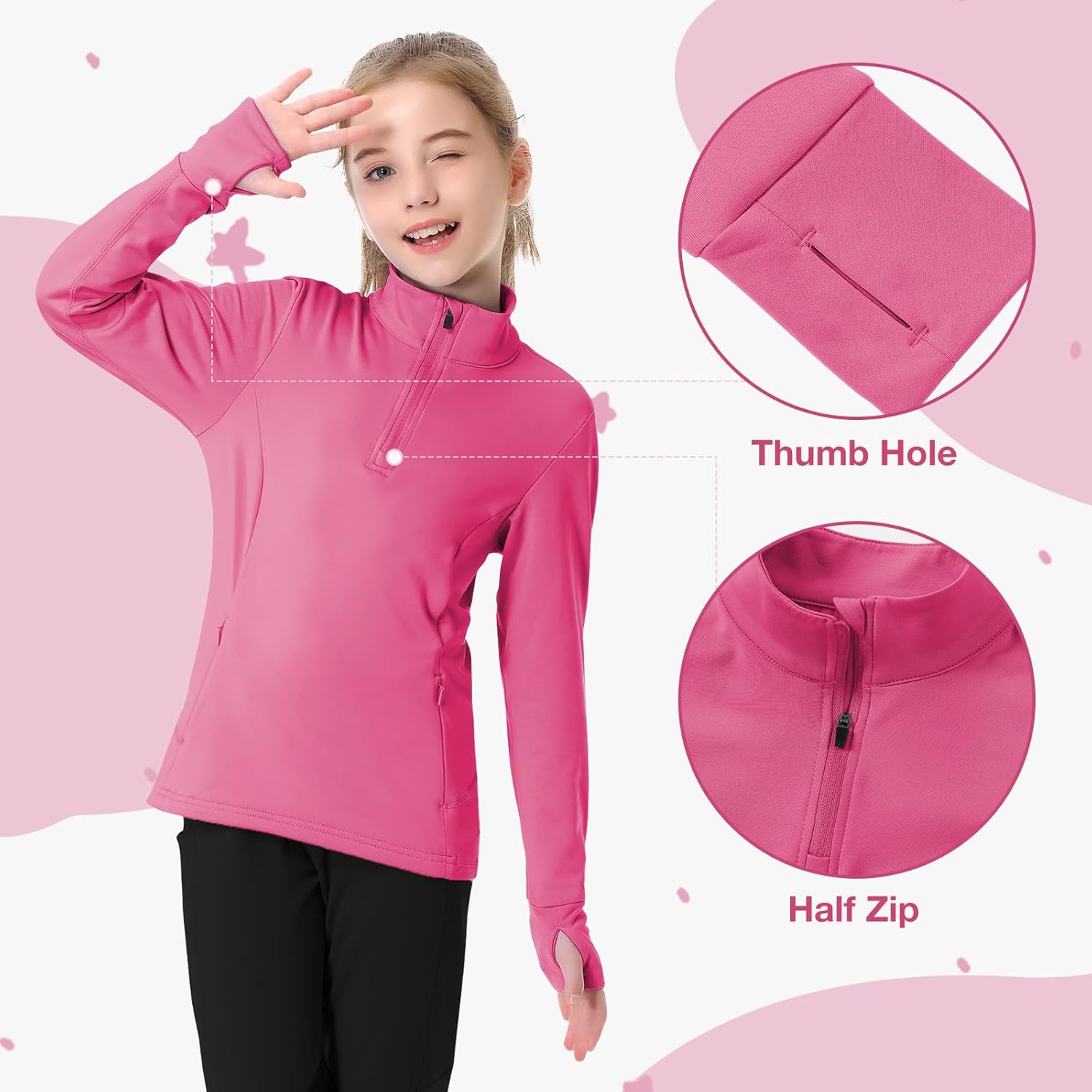 beroy Girls Fleece Long Sleeve Shirts Half Zip Equestrain Shirt Thermal Kids Horse Riding Shirts Thumbhole Pockets - Image 2