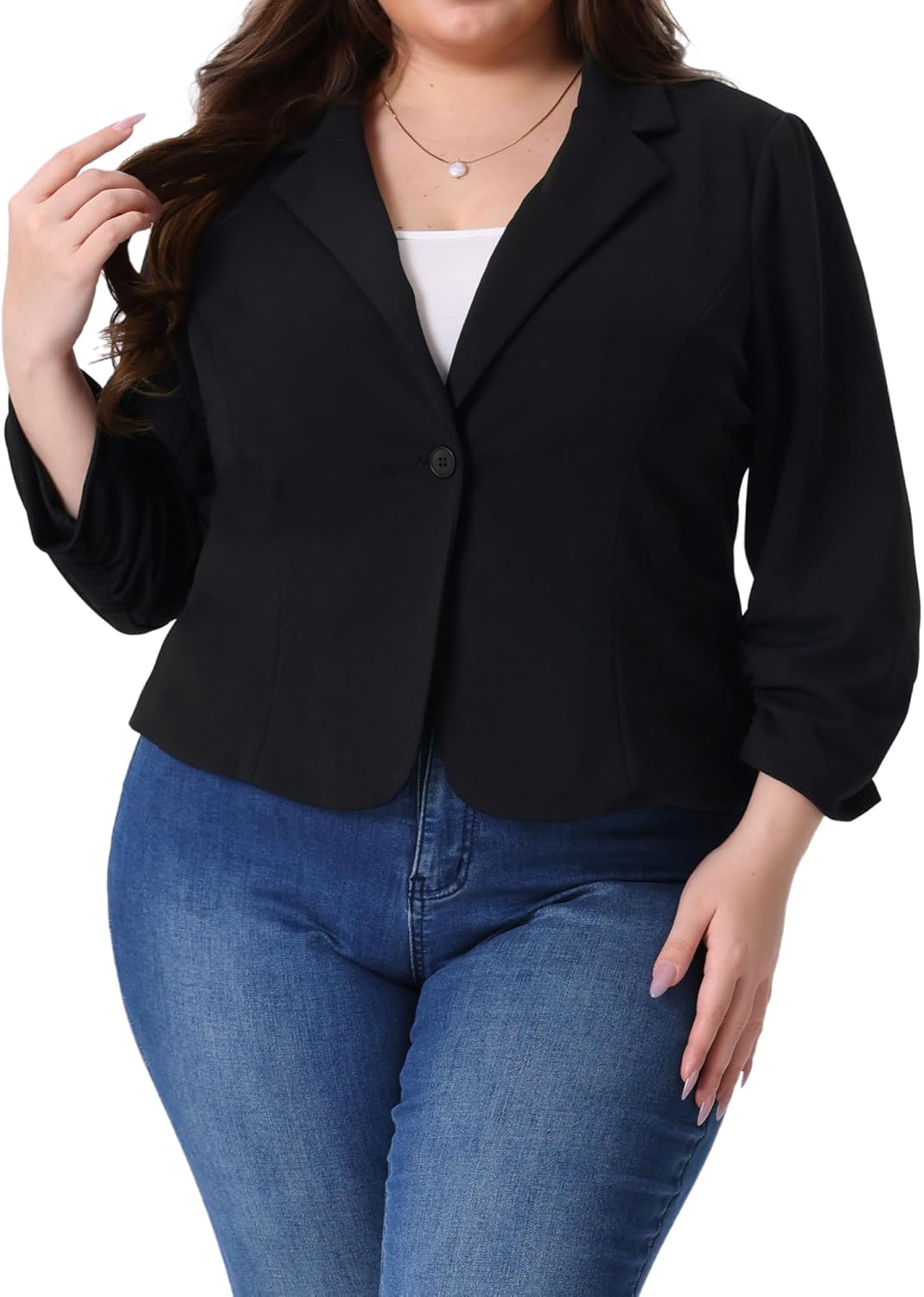 Agnes Orinda Women's Plus Size Blazer Dressy Ruched 3/4 Sleeve Casual Notch Lapel Work Office Cropped Blazer Jacket - Image 2