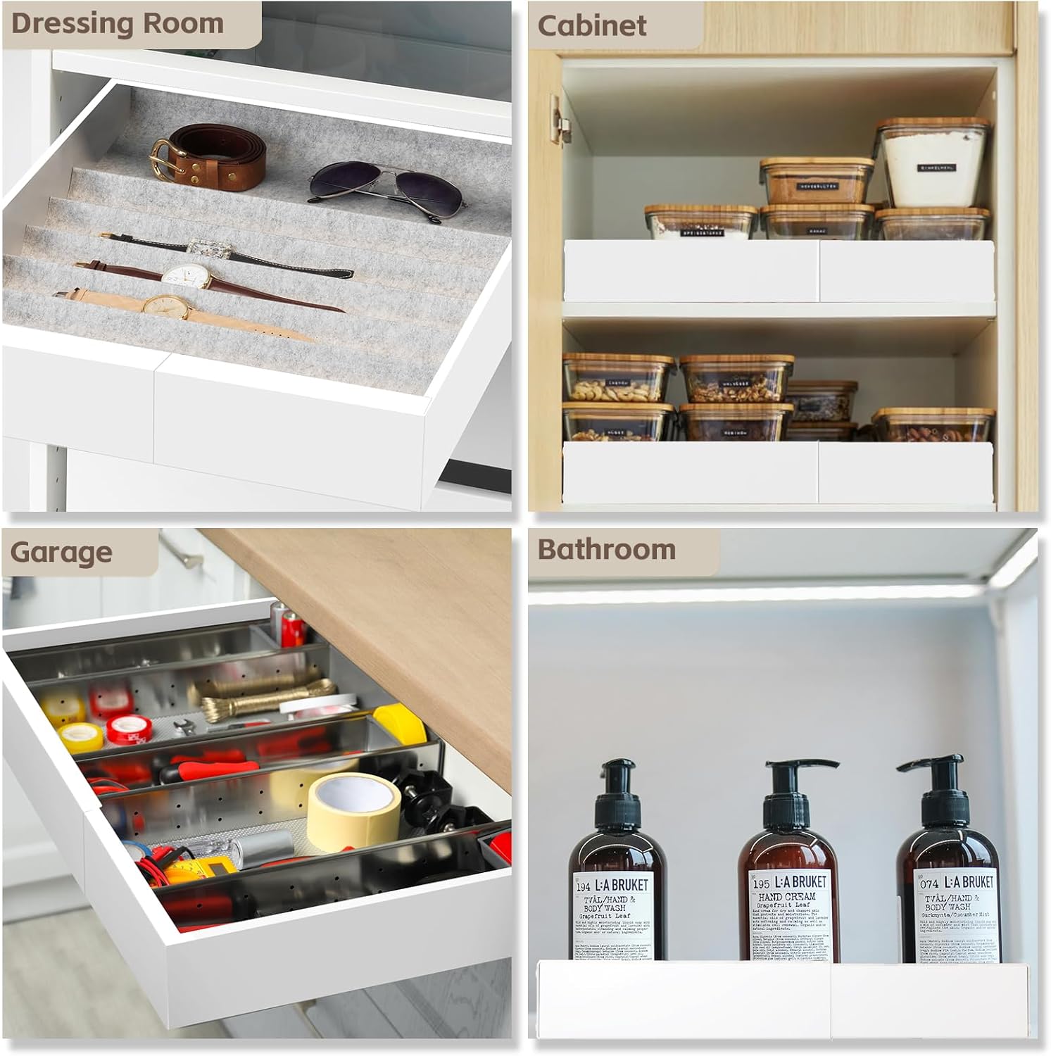 2Pack Expandable Pull Out Cabinet Organizer 21" Deep - Sliding Drawer Organizer Roll Out Shelves Adhesive - Adjustable Width 15.2"-26.2" W (White)