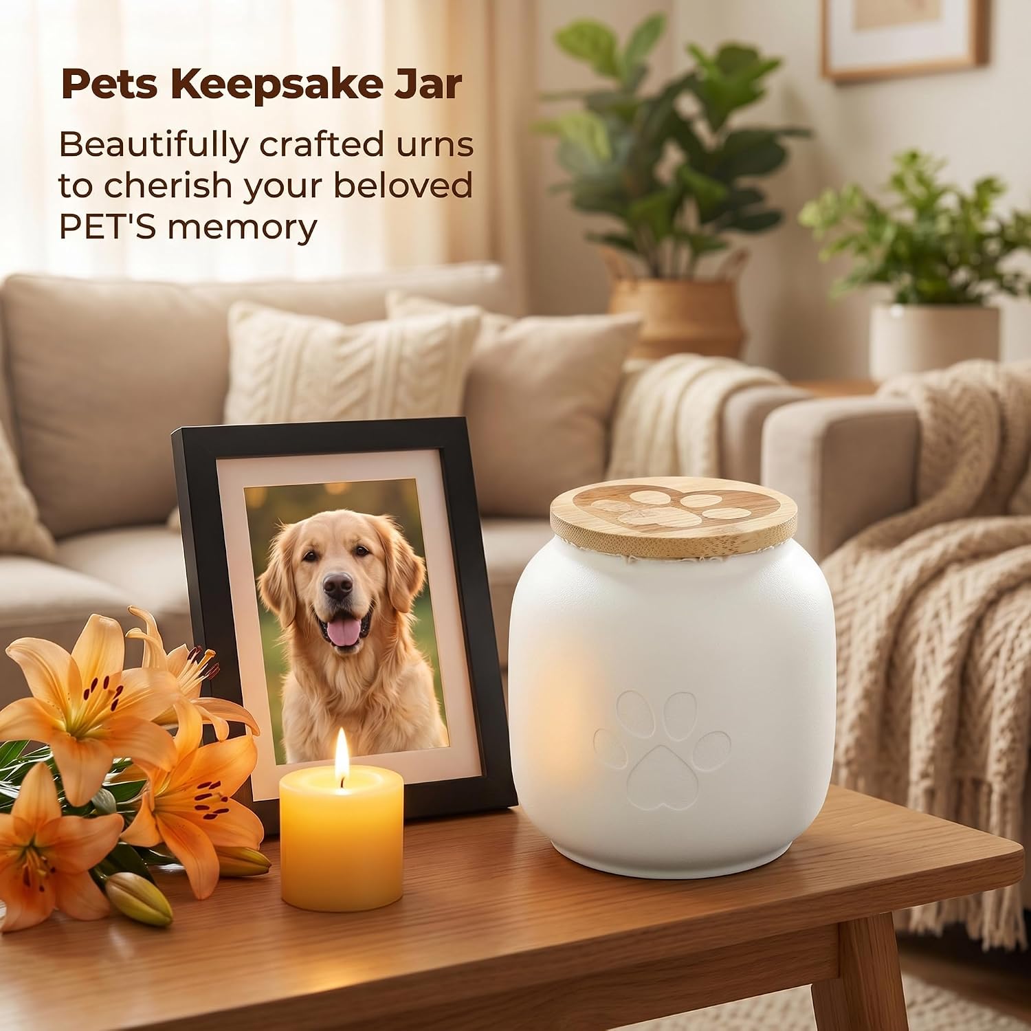 Small Pet Urn for Ashes, Cremation Memorial Urns for Cats & Dogs, 3.7"x4.1" White Ceramic Paw Design Keepsake Jar with Wooden Lid, Pets Loss Sympathy Gift, 17oz