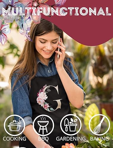 Miniatura 5 de Delantal negro con inicial para mujer con bolsillos, delantal de jardinería de cocina, regalos para ella, chef, mamá