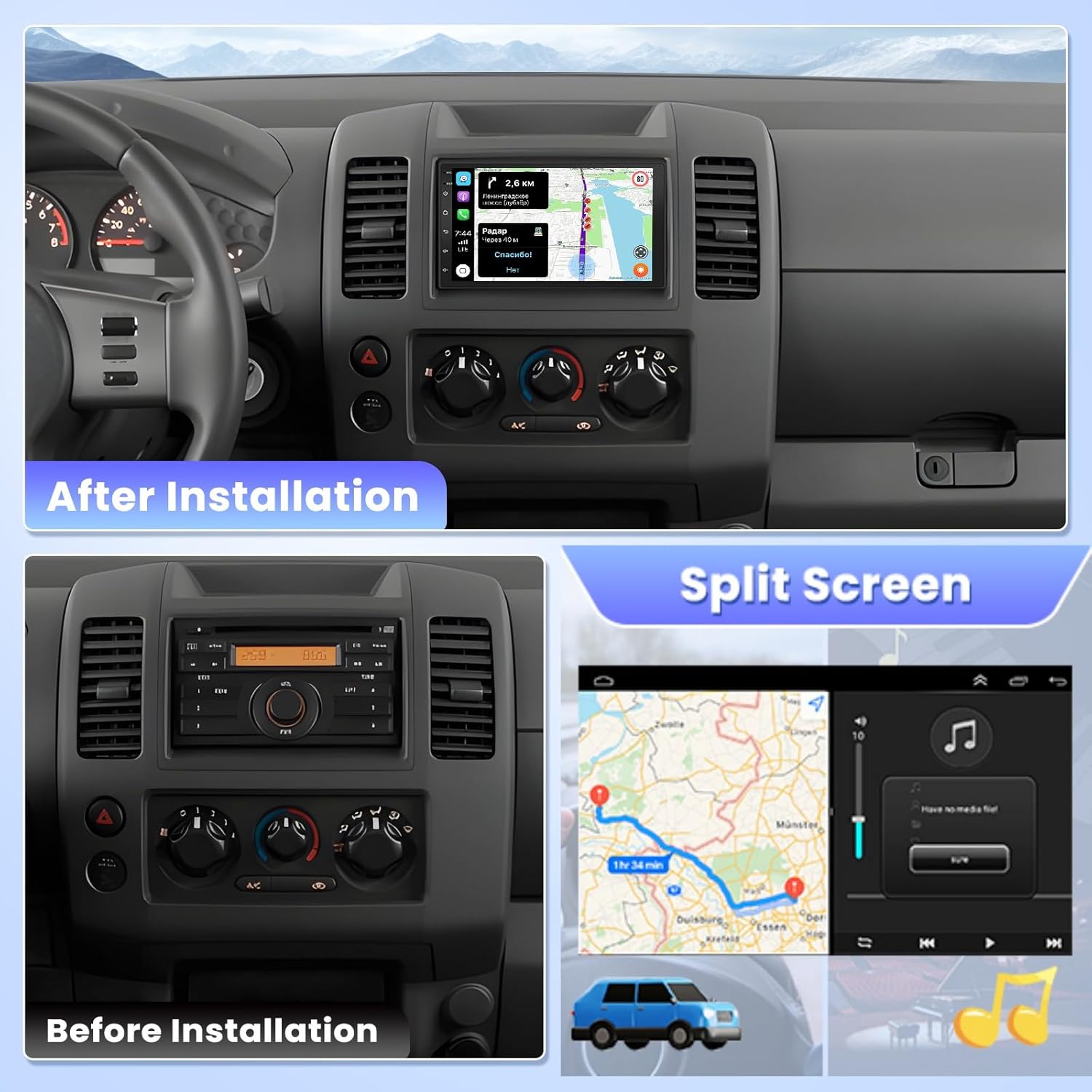 Before and after installation comparison of the car stereo in a dashboard