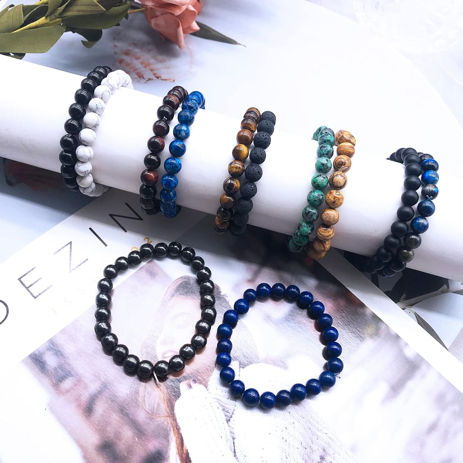 CASDAN 12PCS 8mm Semi-Precious Gemstones Beaded Bracelets for Men Women Tiger Eye Lava Rock Crystal Stone Bead Bracelets Set - Image 7