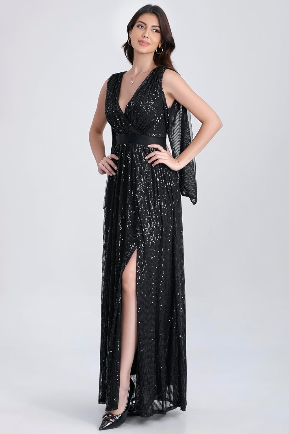 Women's Sequins Deep V Fashion Slit Shoulder Maxi Dresses Formal Evening Gowns. - Image 3