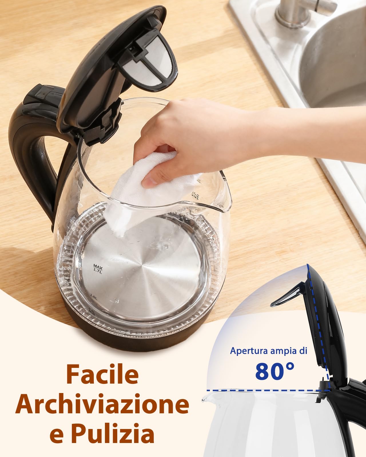 Aigostar Adam - Bollitore Acqua Elettrico in Vetro Borosilicato con LED, 1,7 litri, 2200W, Spegnimento Automatico, Filtro Anticalcare, Base di rotazione a 360° in Acciaio Inox, Teiera Senza BPA Nero