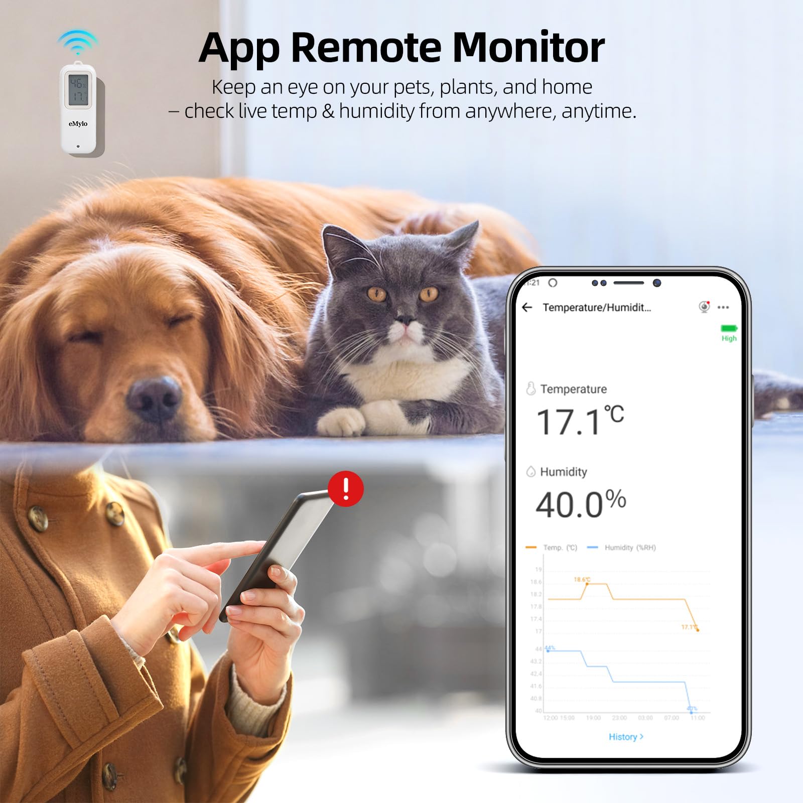 eMylo Zigbee - Termometro e igrometro, confezione da 2, sensore di umidità di temperatura IP65 con display digitale a LED, hub Zigbee richiesto, monitoraggio remoto e automazione domestica