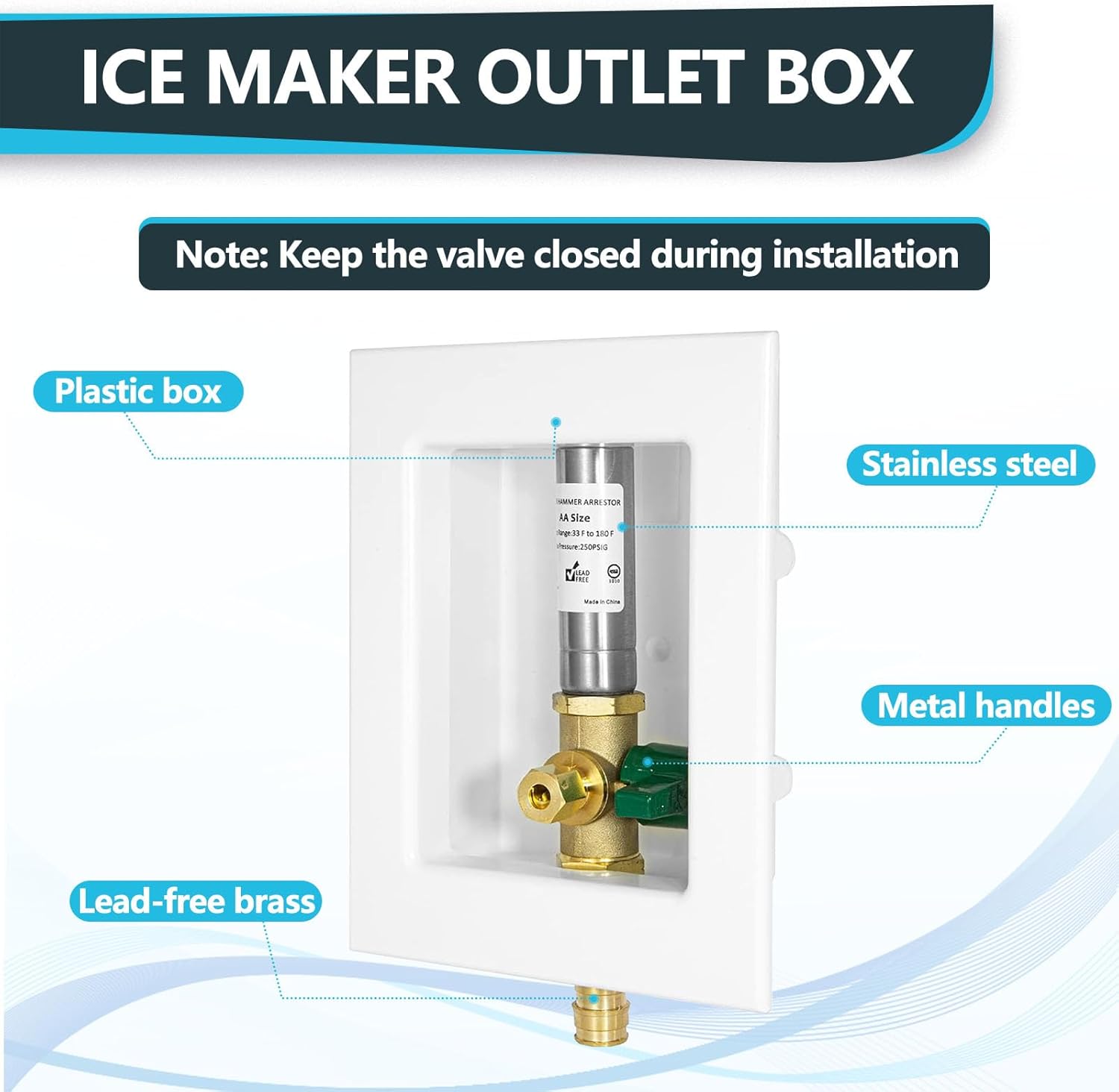 1-Pack Seelink Pre-Assembled Ice Maker Outlet Box, 1/2" PEX-A Expansion Inlet x 1/4" OD Compression Outlet, with Installed 1/4-Turn Ball Valve and Stainless Steel Hammer Arrestor
