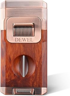 DEWEL Torch Lighter, Windproof Triple Jet, V Cutter, Holder & Fuel Window, Refillable Cool Lighters for Men Gift, Outdoors, Candles (Woodgrain, Gift Box)