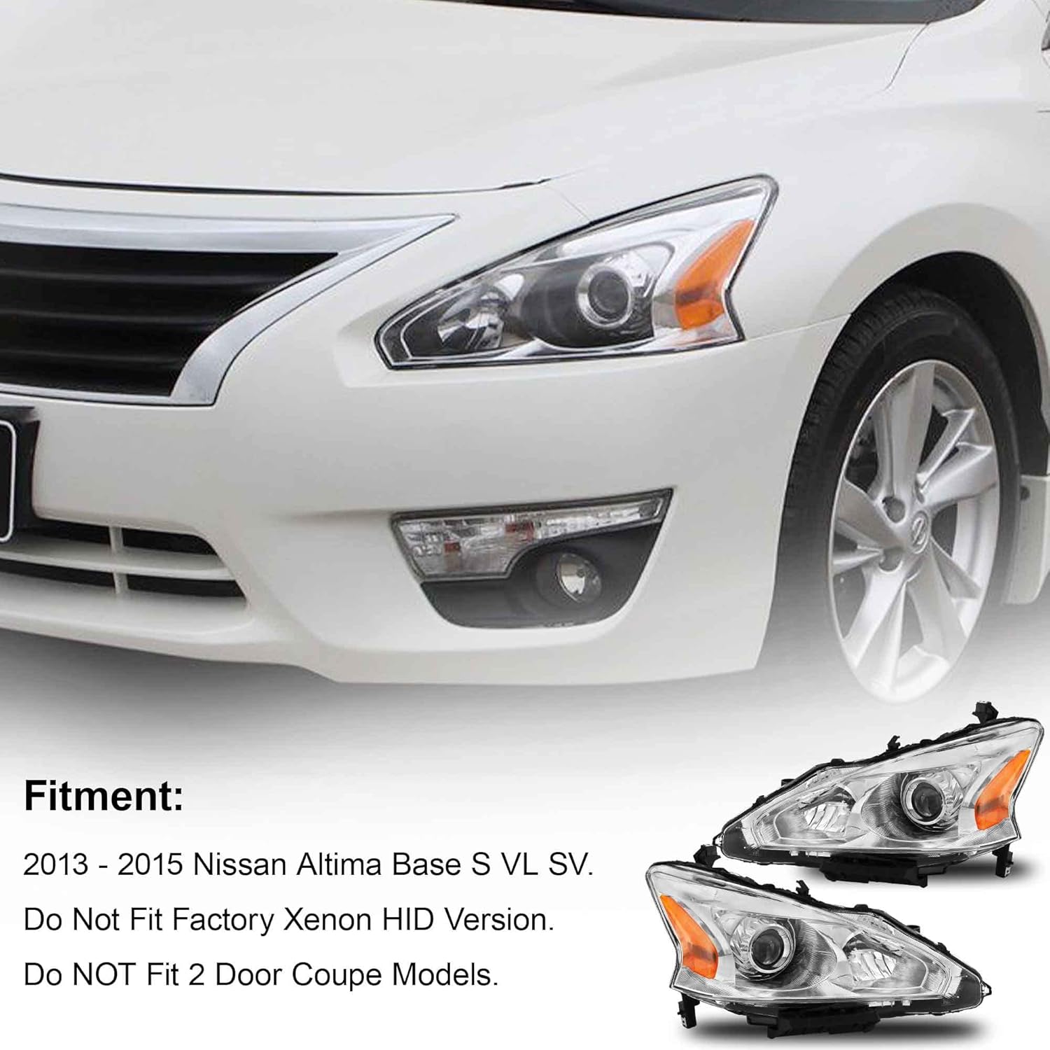 Headlight Assembly Fit For 2013-2015 13 14 15 Altima 2013 2014 2015 13-15 Altima S/SL/SV Only Fit 4 Door (Chrome Housing and Amber Reflector)