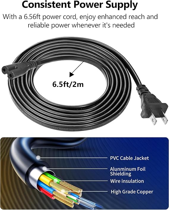 6.6Ft AC Power Cord for Electric Recliner, power supply cord replacement Okin, Limoss, Lazboy, Pride, Berkline electric chair lift, electric scooter, adjustable bed parts, 2 Prong US Plug cable