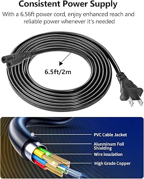 6.6Ft AC Power Cord for Electric Recliner, power supply cord replacement Okin, Limoss, Lazboy, Pride, Berkline electric chair lift, electric scooter, adjustable bed parts, 2 Prong US Plug cable