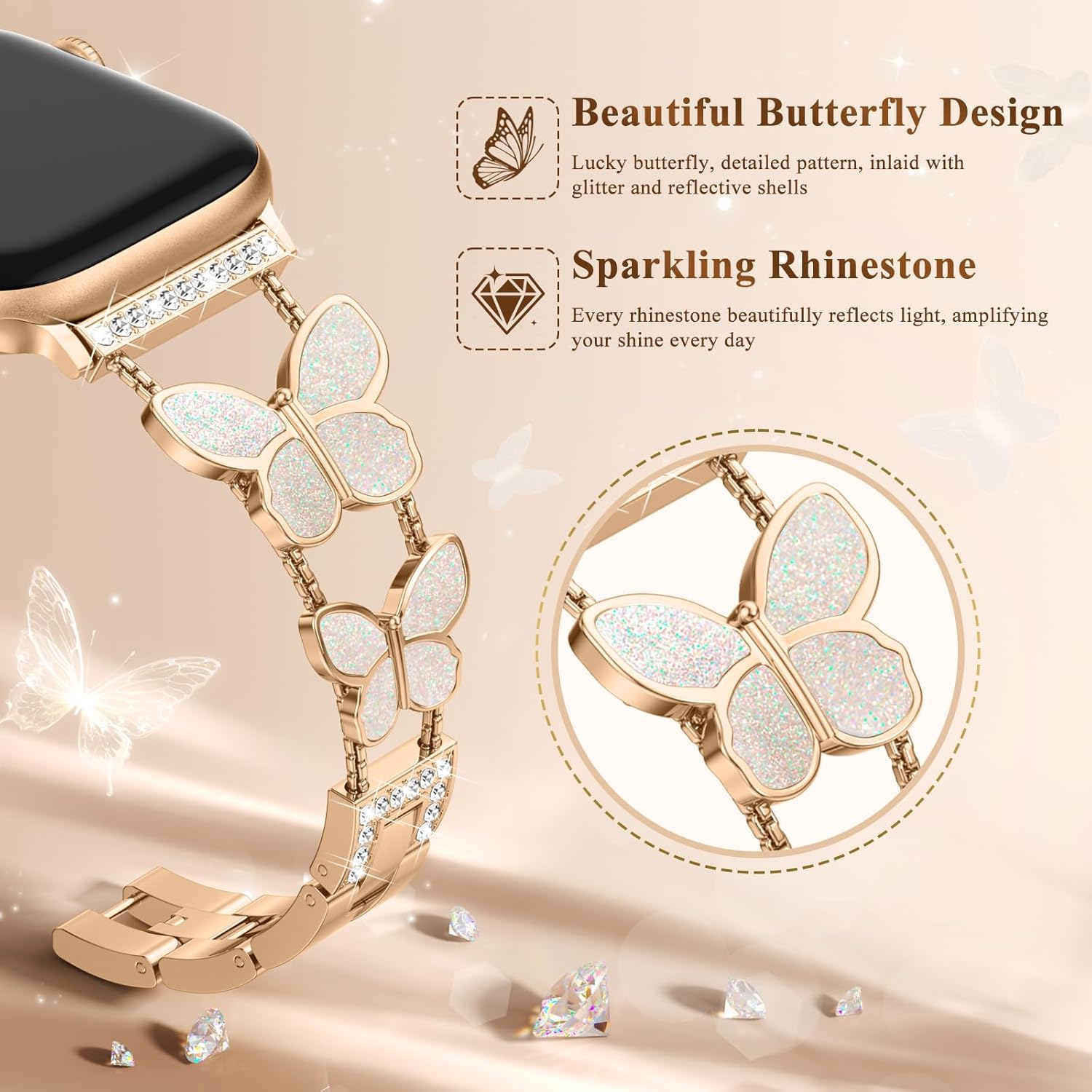 Metal Band Compatible with Apple Watch Bands for Women 40mm 42mm 41mm 38mm, Cute Dressy Fancy Slim Wristband Thin Metal Strap for iWatch Series 11 10 9 8 7 6 5 4 SE 3 2 1, Shining Rose Gold - Image 2