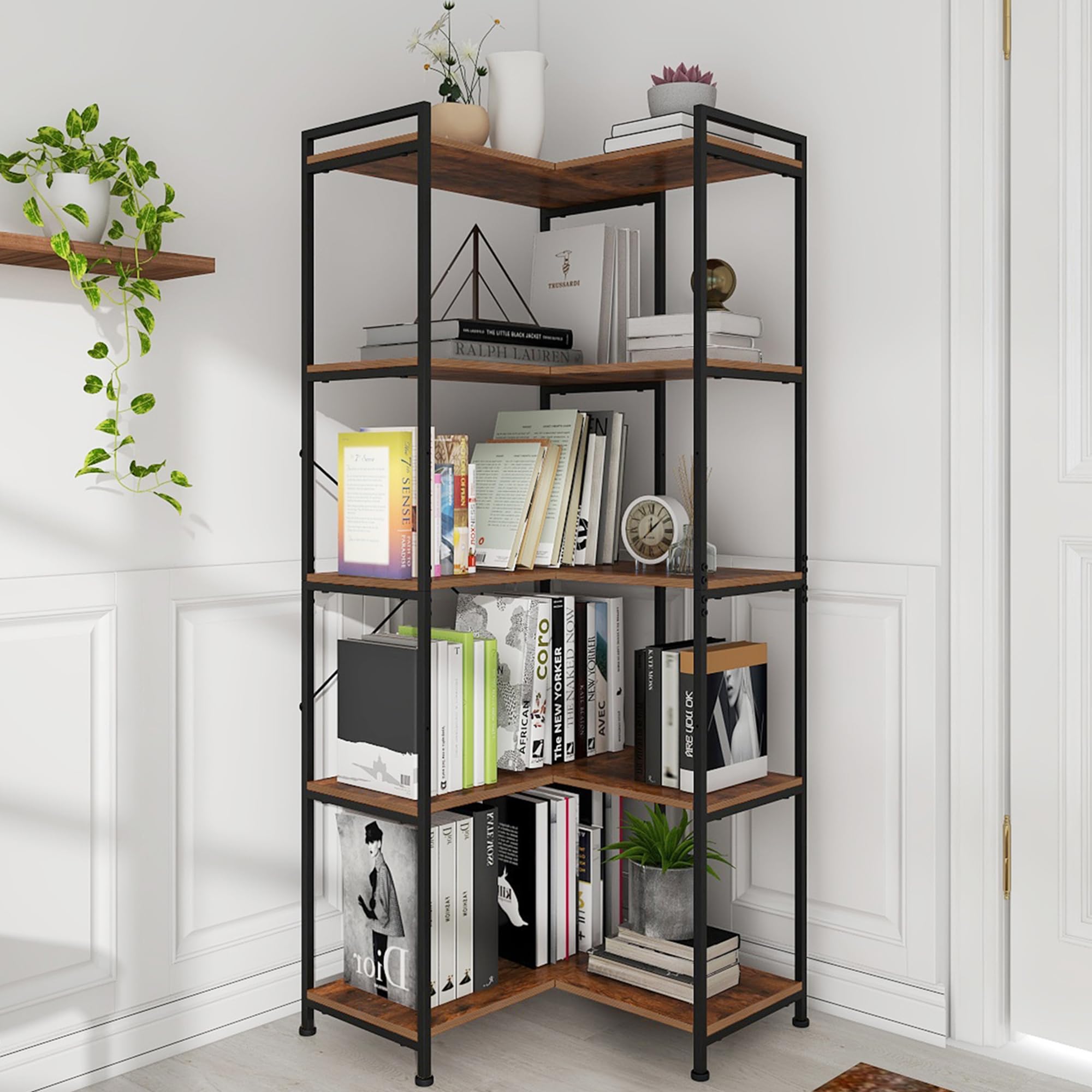 VEDECASA 5 Tiers Corner Bookshelf 5 Tiers Deformable Corner Bookcases Industrial Freestanding Bookshelf Storage Display Rack with Metal Frame for Living Room Home Bedroom Home Office Study Room â image 1