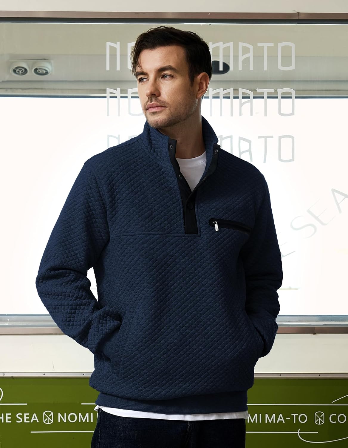 Casual Sweatshirts for Men Pullover Mens Long Sleeve Button Stand Collar Quilted Sweatshirt with Pocket - Image 3