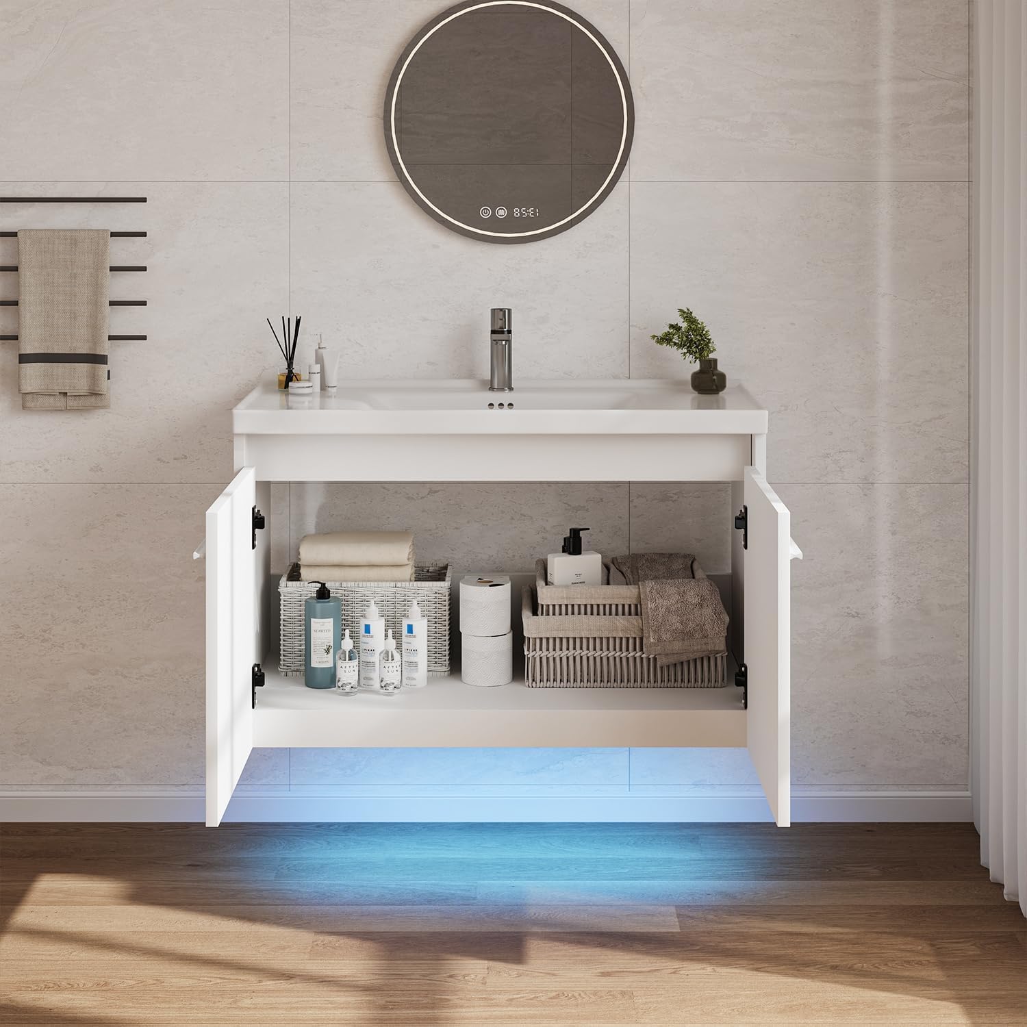 4ever2buy 31" Floating Bathroom Vanity with Sink, Modern White Bathroom Vanity with LED Light, Wall Mounted Sink Cabinet with 2 Doors, White