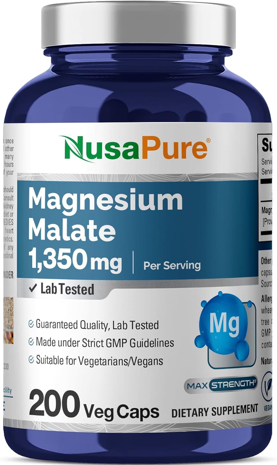 NusaPure Magnesium Malate 1350mg 200 Veggie Capsules (Vegan, Non-GMO, Vegan)