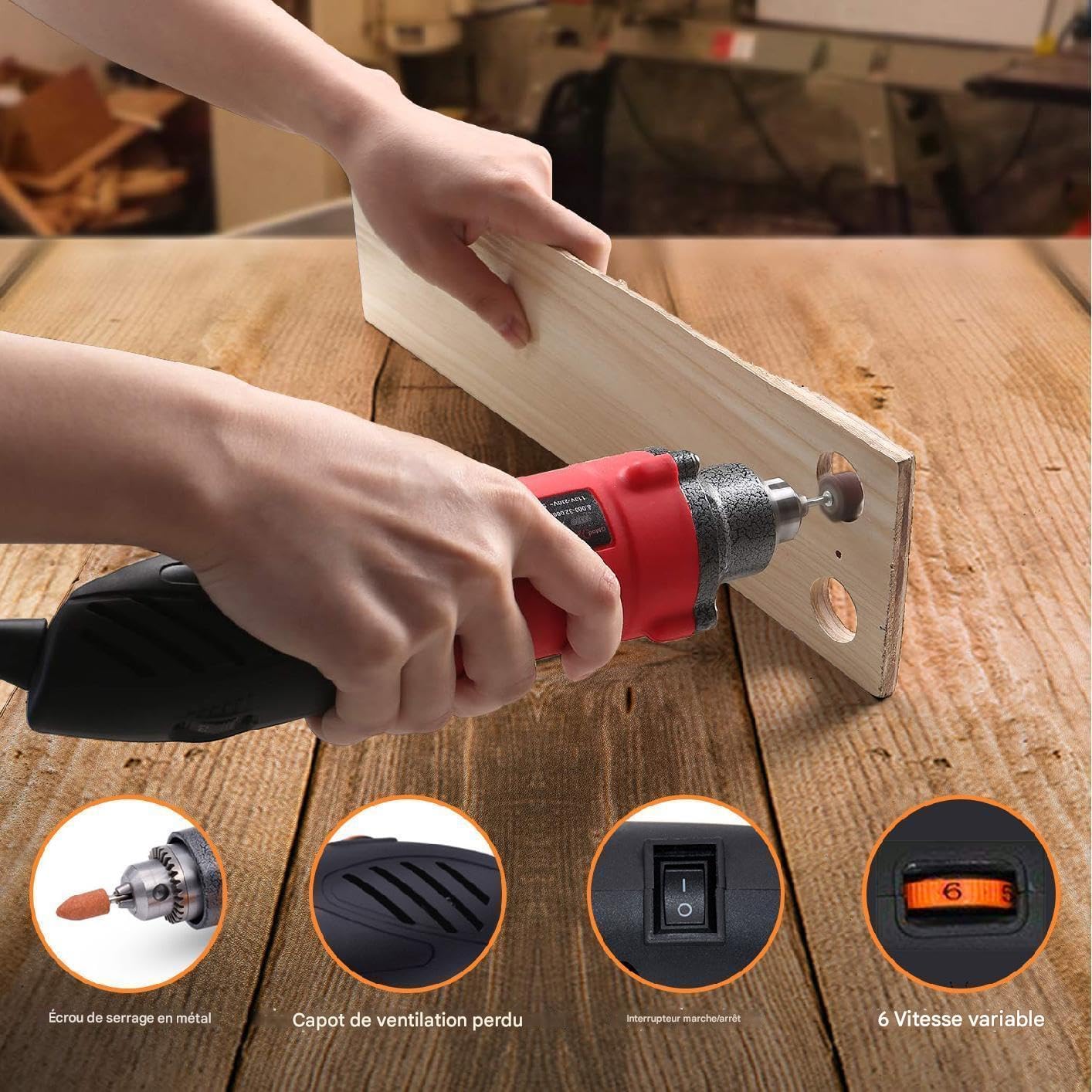 Rotary tool drilling holes in a wooden board