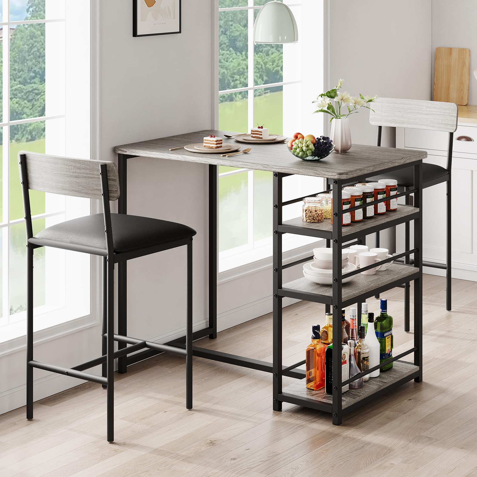 Zstar Juego De Mesa De Comedor para 2, Sillas Tapizadas, Juego De Mesa De Bar De 3 Piezas con Estante de Almacenamiento de 3 Niveles， para Espacios Pequeños, Apartamentos y Estudios, Gris