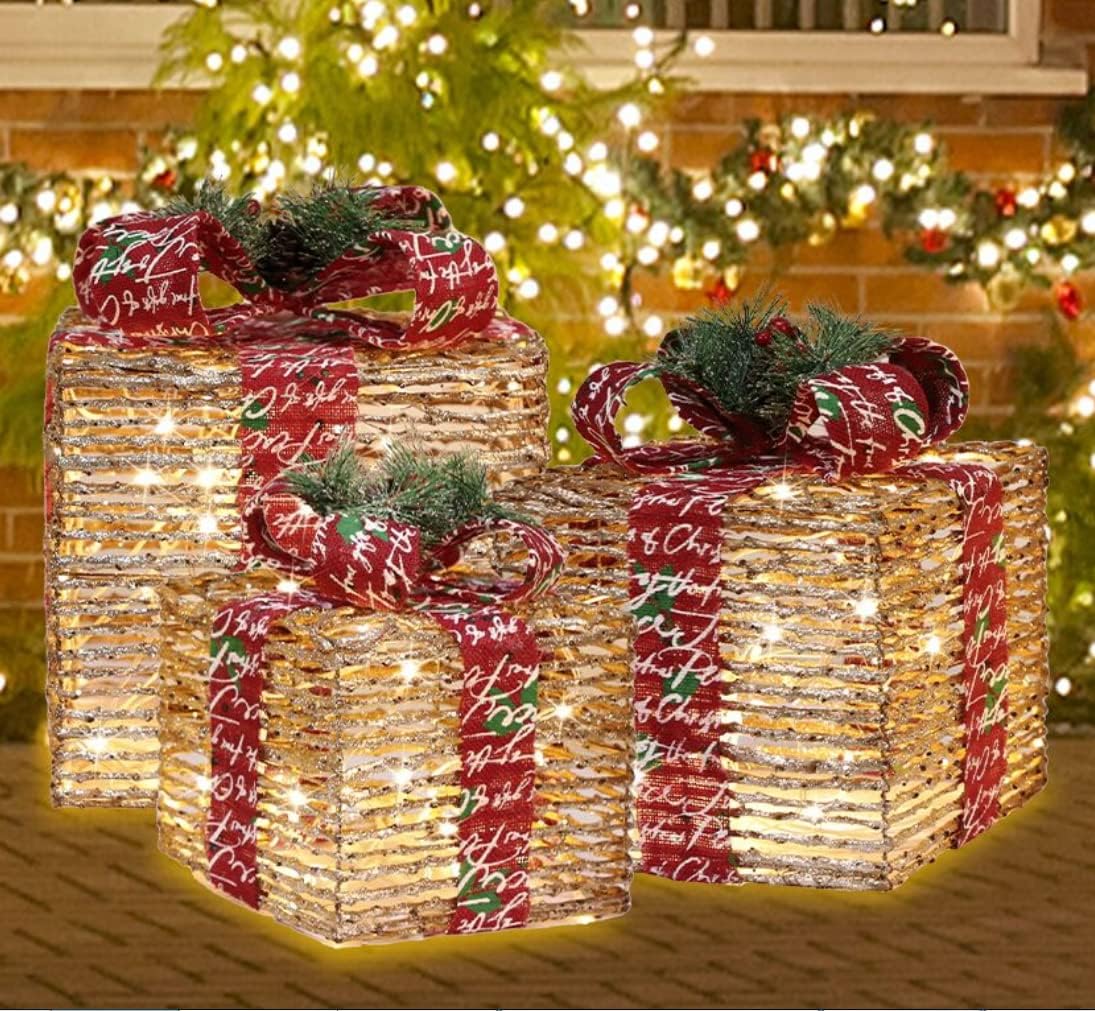 LAMPHOME 91 LED Christmas Set of 3 Lighted Rattan Gift
