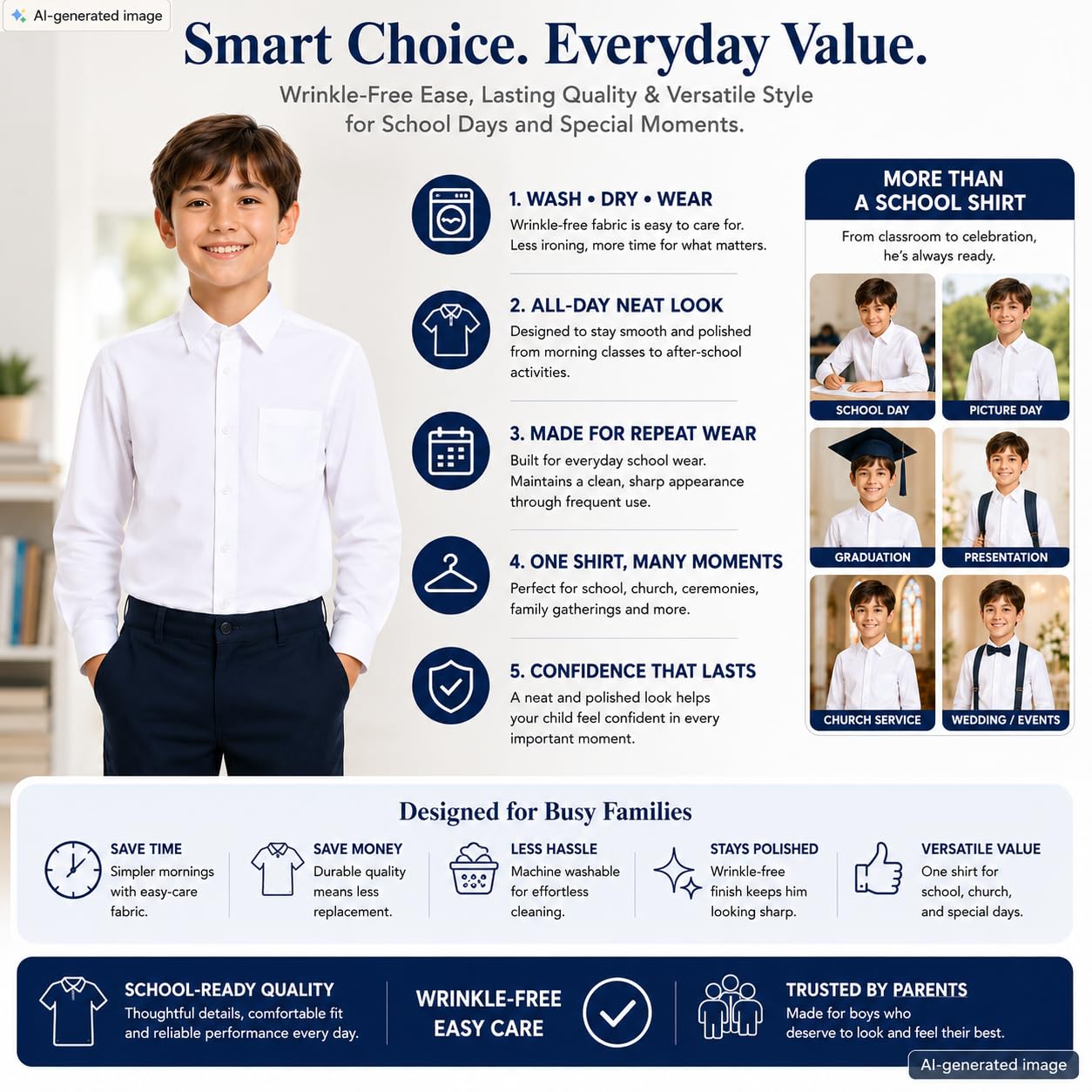 Bienzoe - Camisa Oxford de manga larga con botones para niño - Blanco - (10- 11 años)