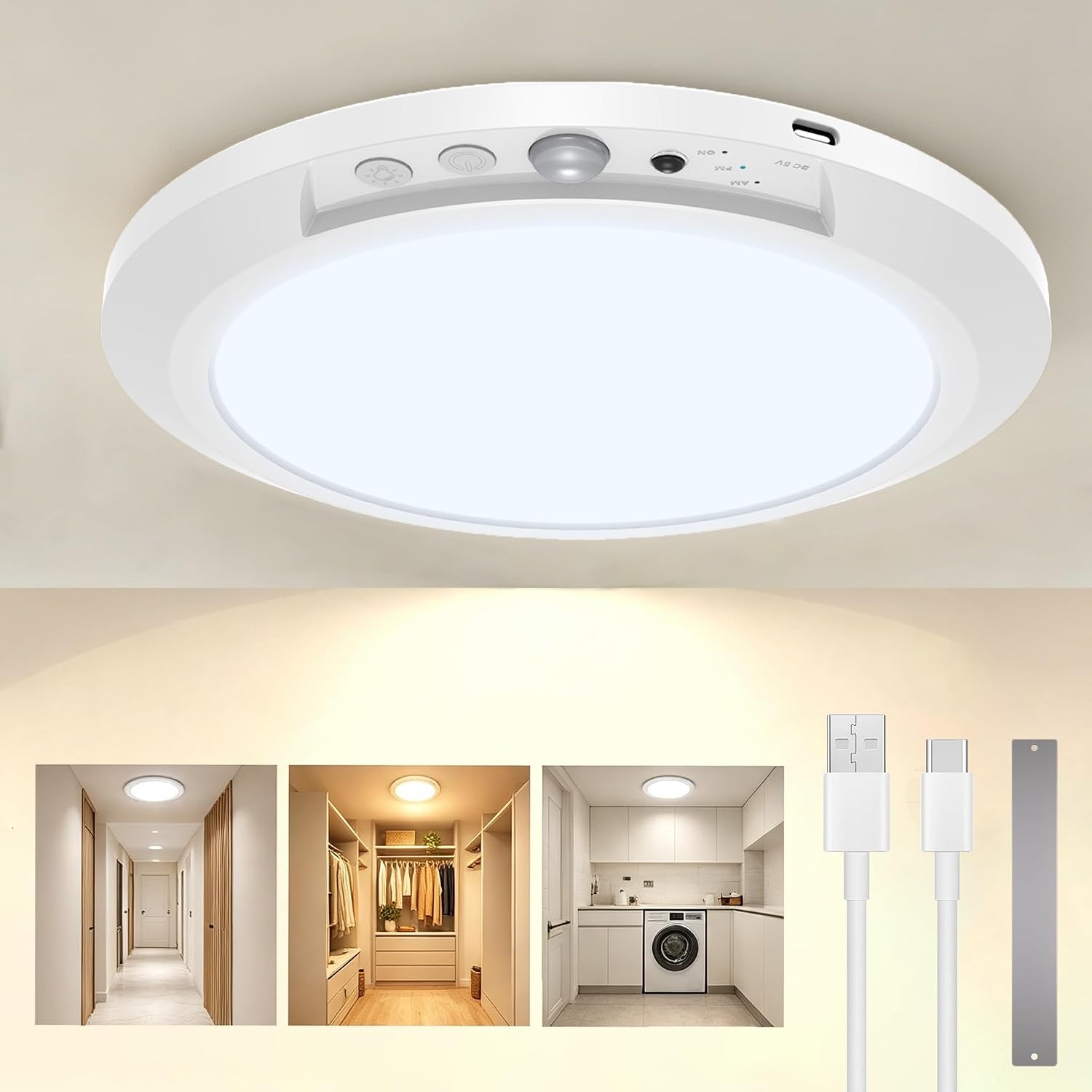 Rechargeable Motion Sensor Ceiling Light, Battery Operated Closet Light