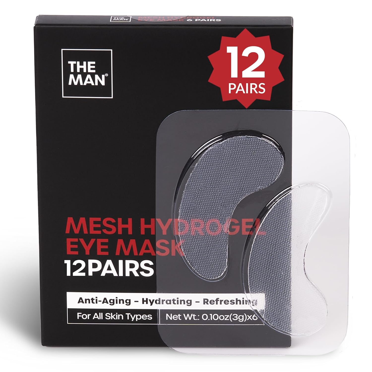 The Man Mesh Hydrogel Under Eye Patches for Men - Cooling, Hydrating & Firming Eye Masks for Dark Circles & Puffiness - Men's Anti-Aging Patches with Hyaluronic Acid, Collagen & Vitamin E. (12 Pairs)
