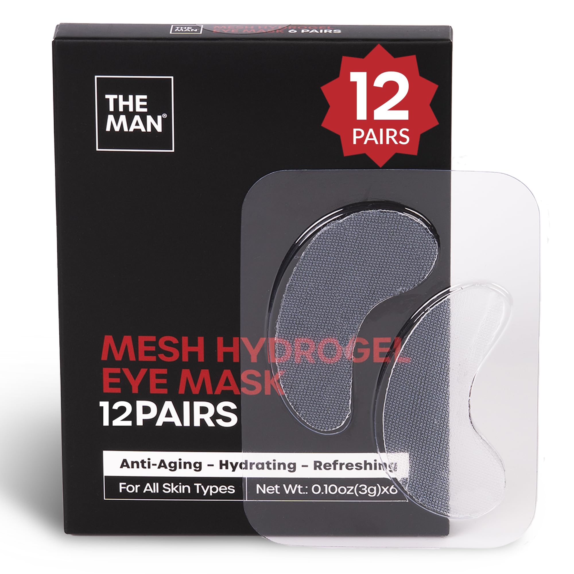 The Man Mesh Hydrogel Under Eye Patches for Men - Cooling, Hydrating & Firming Eye Masks for Dark Circles & Puffiness - Men's Anti-Aging Patches with Hyaluronic Acid, Collagen & Vitamin E. (12 Pairs)
