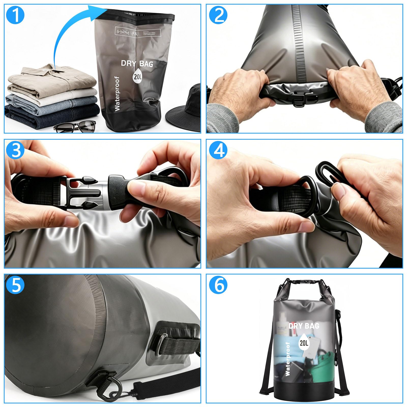Dry Bag 20L Bolsa Estanca con Riñonera Impermeable y Funda para Móvil | PLCatis Mochila Estanca Waterproof Dry Bag Backpack para Barcos Kayak Sup Deportes Acuáticos y Camping - Negro