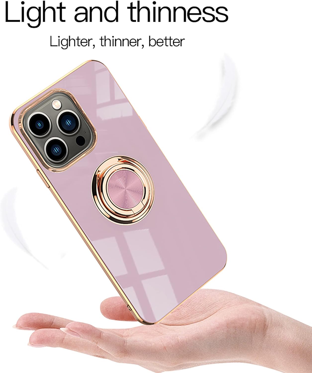 Omorro Compatible with Rose Gold iPhone 14 Pro Case for Women Girls Kickstand Ring Holder 360 TPU Rotation Ring Case with Stand Plating Edge Work with Magnetic Mount Slim Luxury Case, White - Image 7