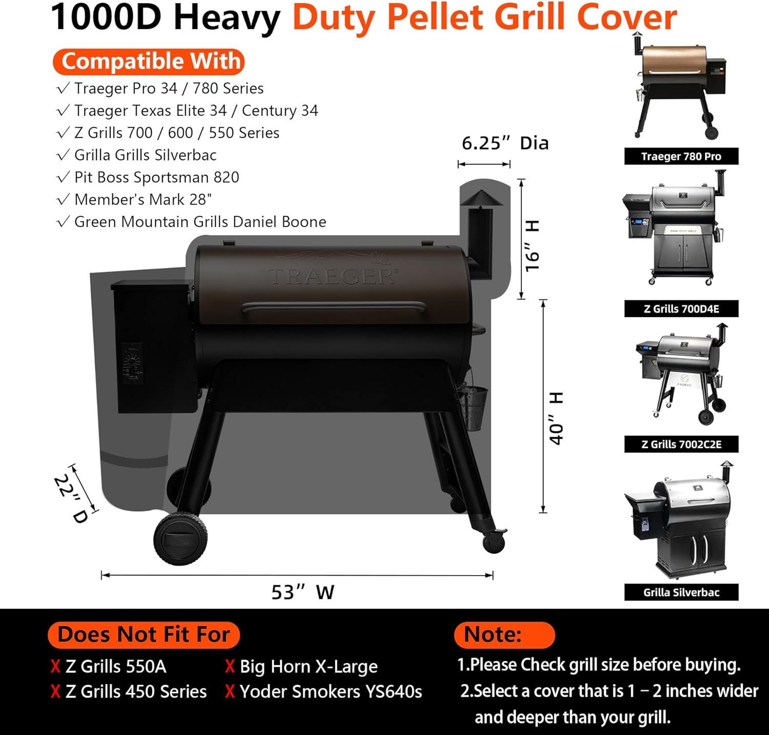 [Upgraded 1000D Heavy Duty Fabric]Grill Cover for Traeger Pro 34/780 Series, Waterproof Wood Pellet Smoker Cover, Tear & Fade Resistant with Buckle,Zipper, for Treager Pro 34/780/Texas 34, Z Grills700 - Image 2