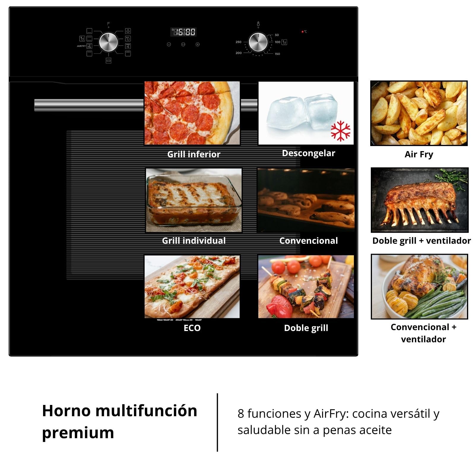 Corberó - Horno Multifunción Premium Airfry | CCHMT905N | 70L | Hidrólisis | 8 Programas | Guías Extraíbles | Mandos Push-Pull| Display táctil |3000W | Desconexión Automática | Cristal Negro