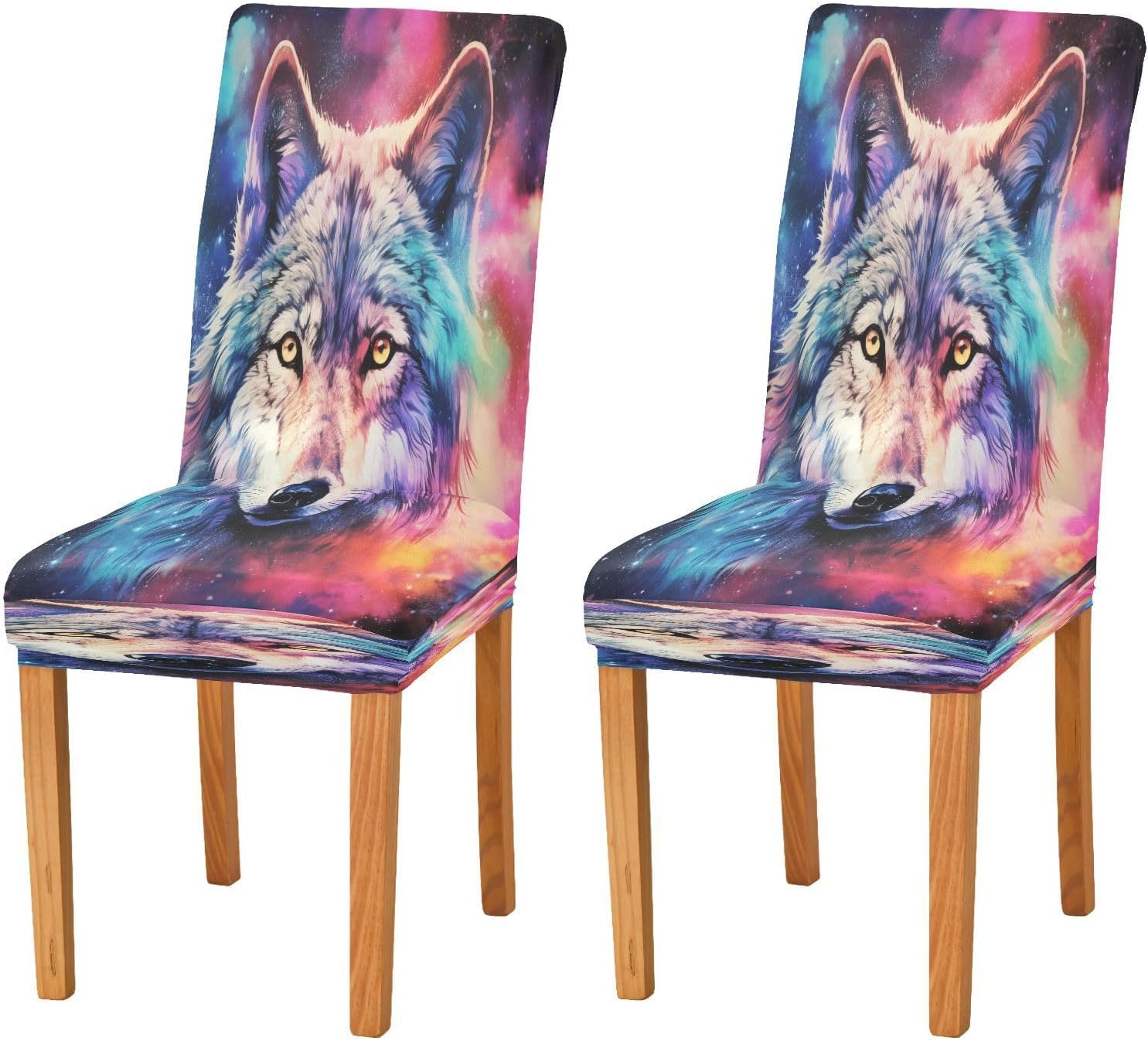 ALAZA Stretch Dining Room Chair Covers, Wolf Colorful Sky Space Galaxy Wolf Chair Covers Parson Chair Slipcovers Removable Washable for Dining Room Ktichen Ceremony