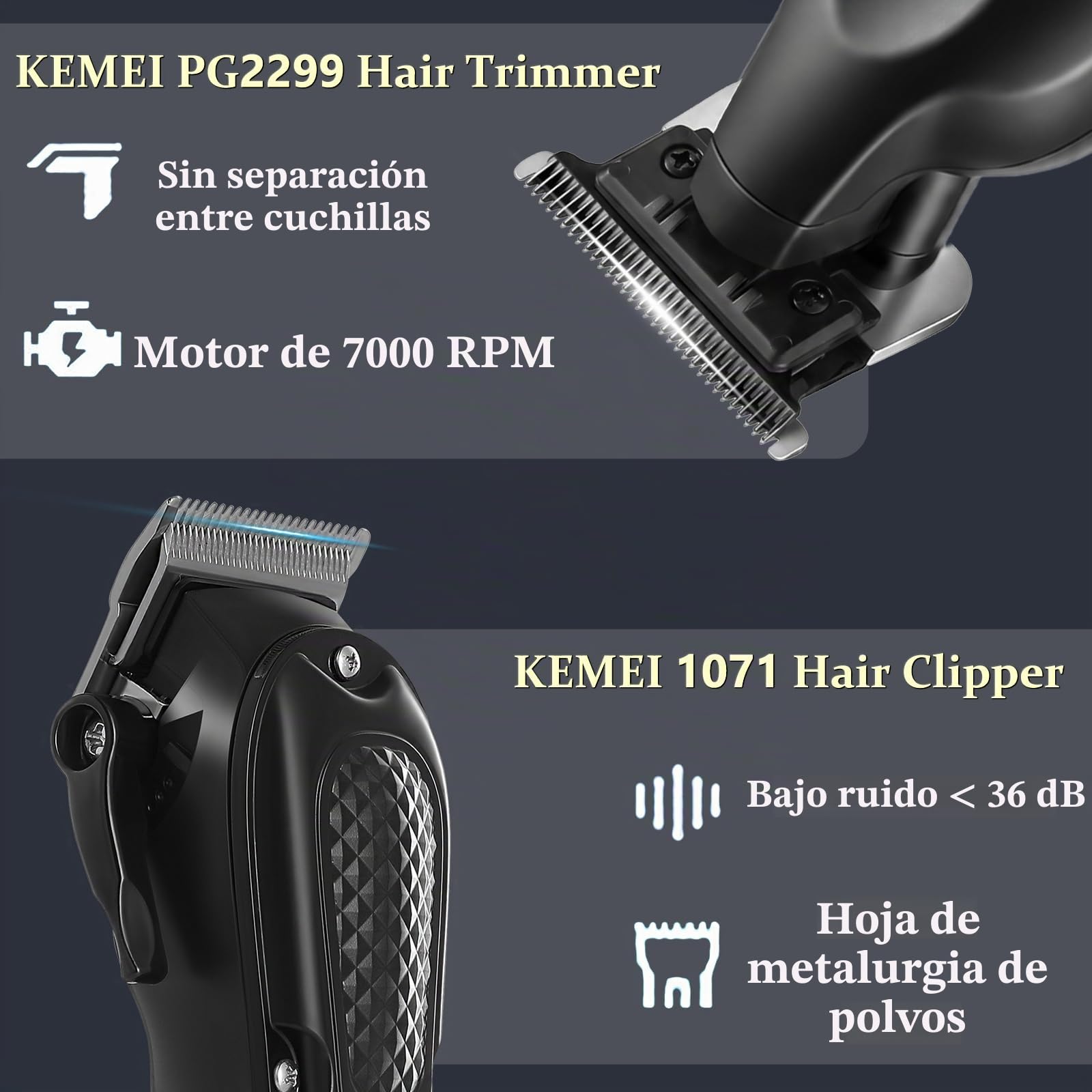 KEMEI Kit Barbería Profesional 3 en 1, Maquina de Cortar Pelo Hombre | Recortadora de Barba Inalámbrico, Afeitadora Eléctrica de Láminas, Carga USB, Cuchillas de Acero, 1071+PG2299+2024