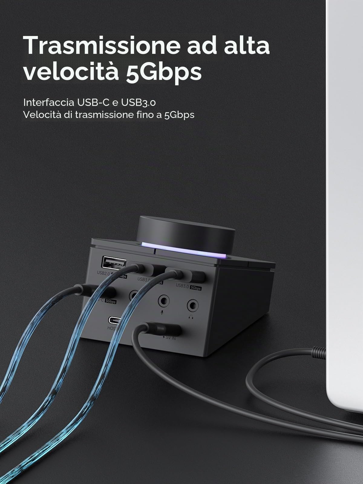 Hagibis Hub USB C con pulsanti di scelta rapida, docking station RGB Type-C con USB-C da 5 Gbps, 2 USB 3.0, jack da 3,5 mm, SD/Micro SD3.0, USB2.0 per MacBook iPad Pro Laptop (Black AG)