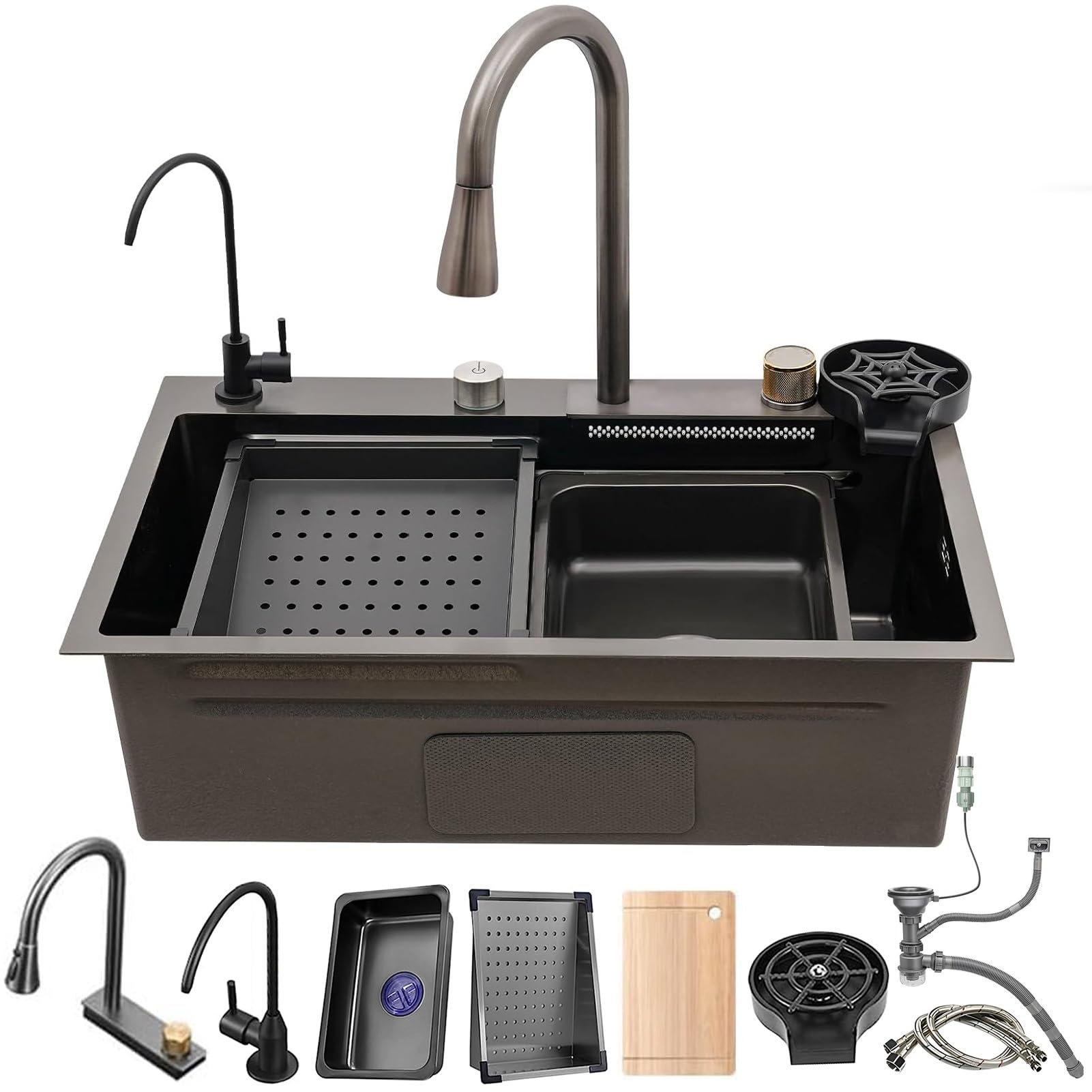 ZQFHSX Multifunctional Kitchen Sink Made of Stainless Steel with Waterfall Effect, Large Workstation Sink, Single Bowl Attachment Mounting, Drain Button and Complete(Black GreyA,80x45cm)