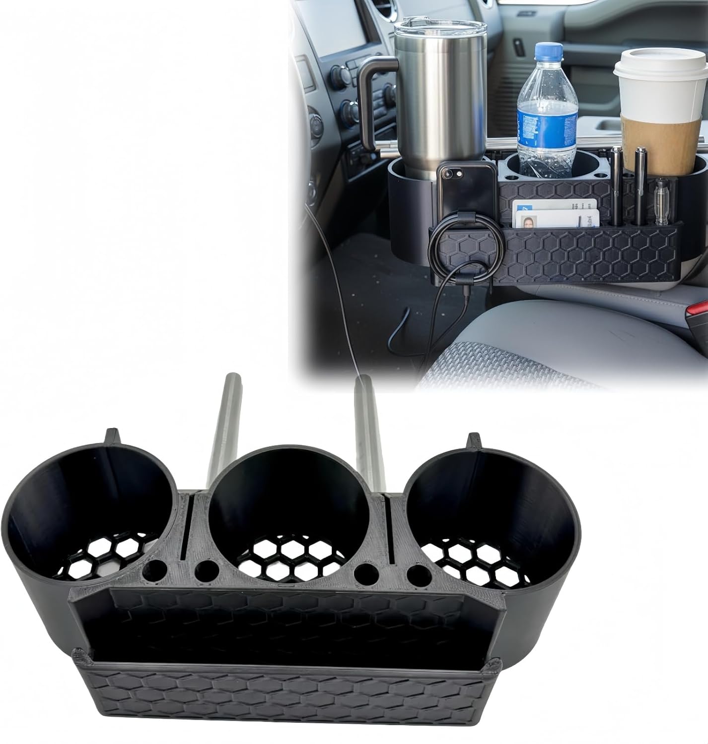 Headrest Cup Holder Compatible with Ford F-Series Trucks (2011-2026), 3X Cup Holders, Phone & Card Storage, Center Console Organizer Replacement