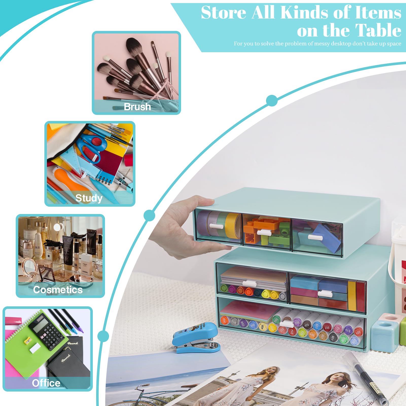 Organizador de escritorio apilable de 3 niveles con 6 cajones, caja de almacenamiento de escritorio de plástico, cajones de escritorio, almacenamiento de maquillaje desmontable, organizador de