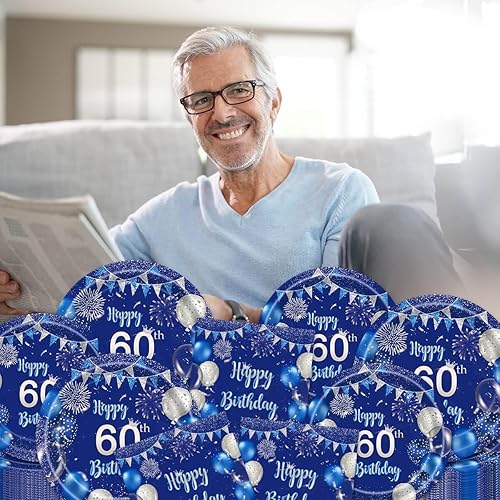 Miniatura 5 de Juego de 96 platos azules para fiesta de cumpleaños 60, servilletas, suministros de feliz cumpleaños, color azul marino y plateado, desechables,