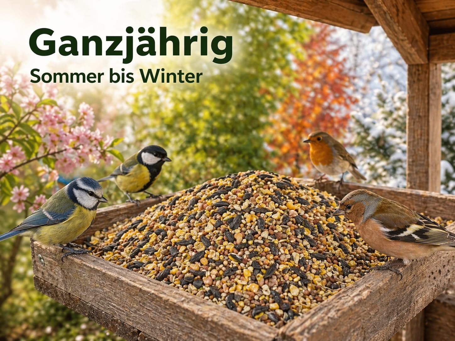 KLASEBO Wildvogelfutter 10 kg – Premium Streufutter für 4 Jahreszeiten, fettreich & energiereich – natürliches Ganzjahres-Vogelfutter mit Sonnenblumenkernen, Hirse & Mais – für alle Wildvögel
