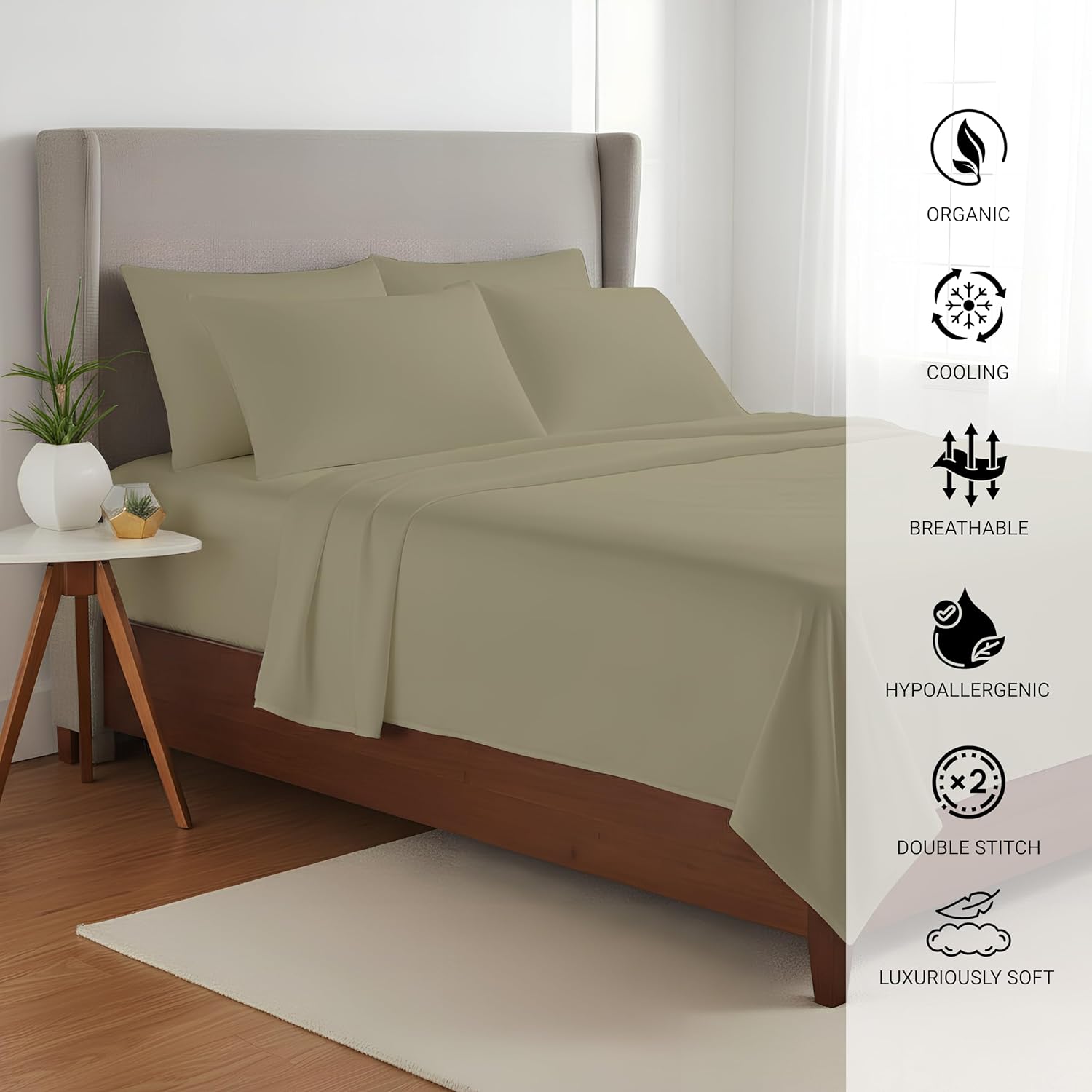 Bed Sheets, 100% VISCOSE DERIVED FROM BAMBOO, Smooth, Silky, Luxuriously Soft, Cooling, Breathable, Double Stitched, Durable