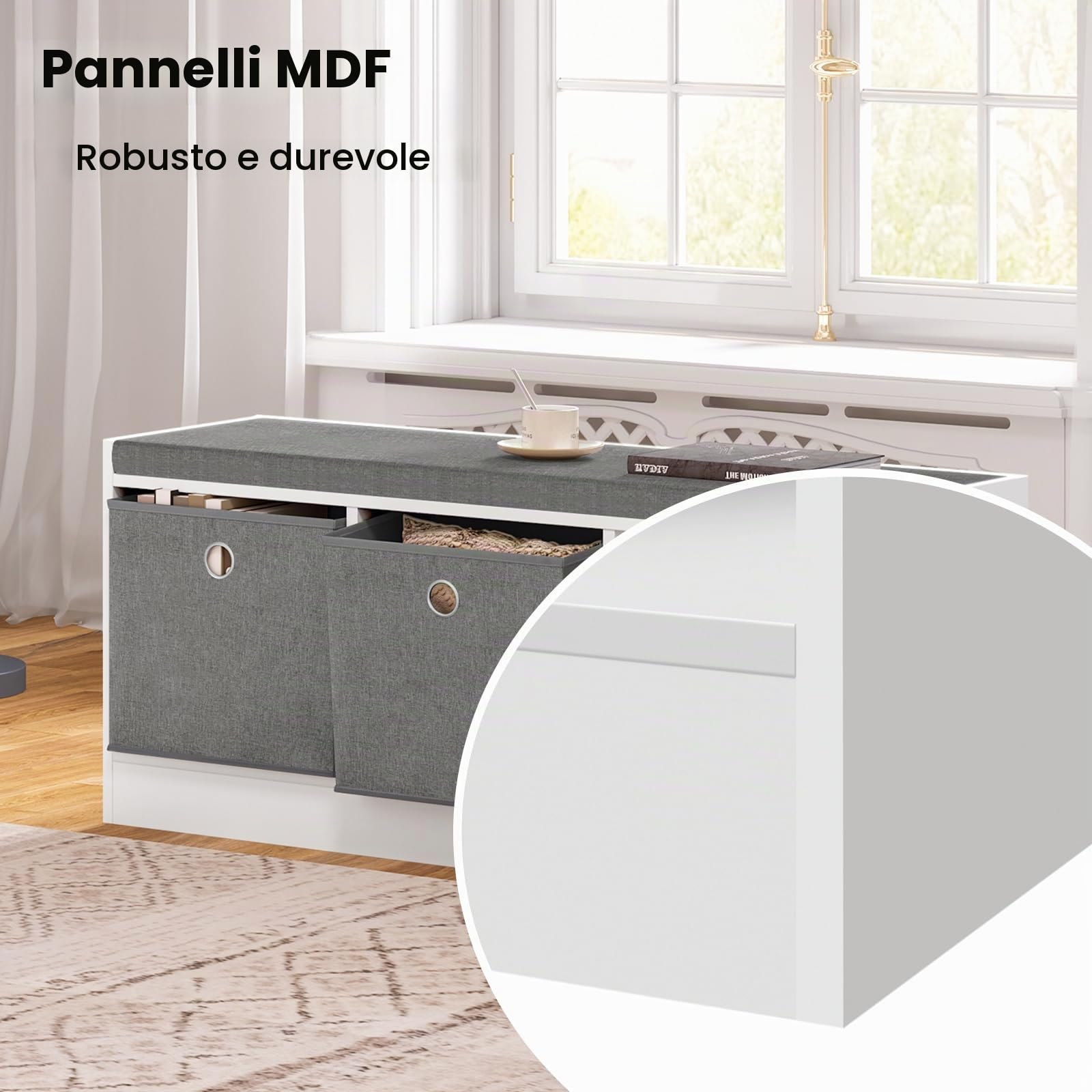 WOLTU Pouf Contenitore, Mobile da ingresso con 3 cassetti in Tessuto, Panca portascarpe con Sedile Imbottito, Scatola Portaoggetti Ottomana, per Soggiorno, Bianco+Grigio