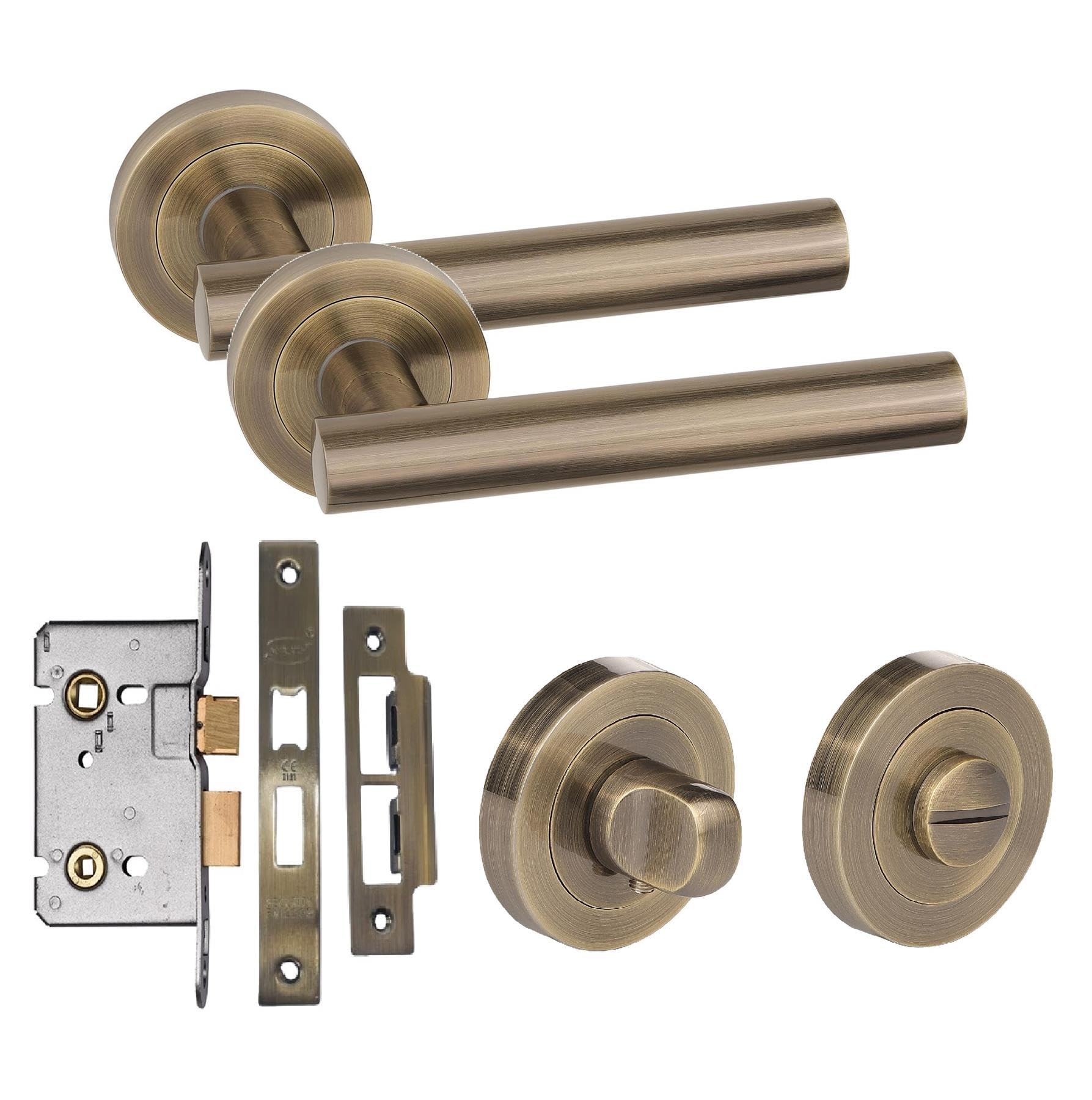 Straight T-Bar Design Bathroom Door Handle Set Thumbturn Lock Antique Brass