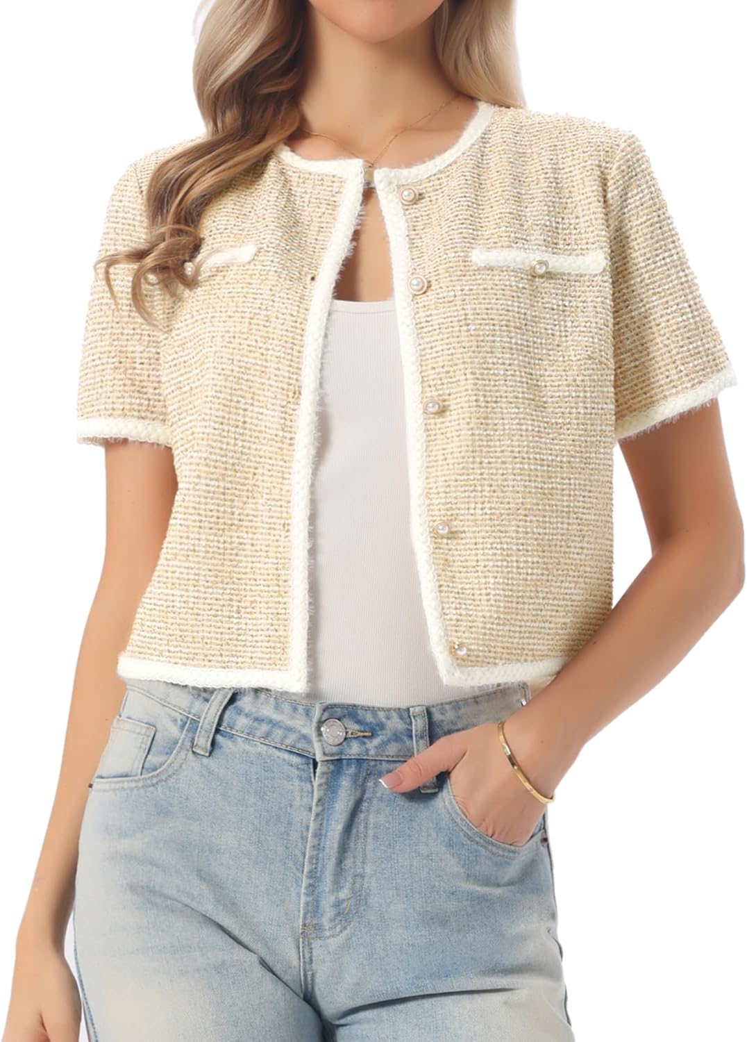 Allegra K Short Sleeve Tweed Jacket for Women Summer Crew Neck Button Front Cropped Cardigan