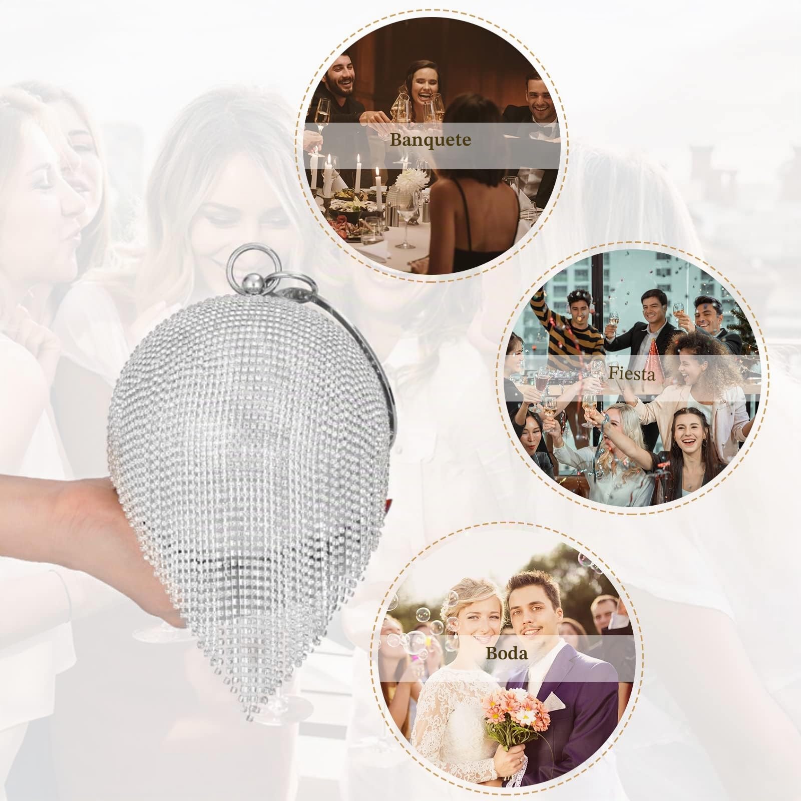 Bolso de Fiesta para Mujer Bolso de Mano de Noche de Cristal con Bola Redonda Diamantes de Imitación Clutch Bolso de Hombro Bolsos Bandolera para Fiesta de Graduación Banquete Boda Plata