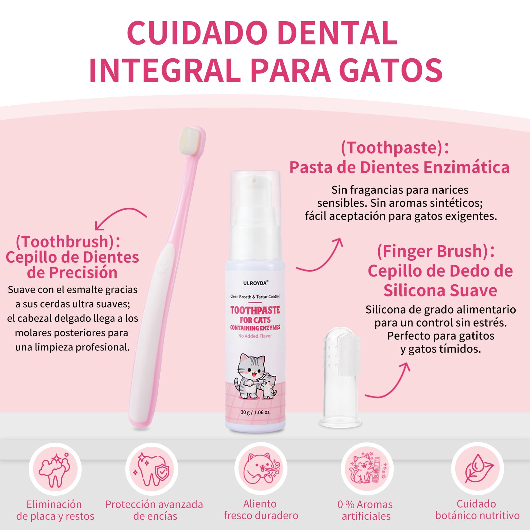 Pasta de Dientes Enzimática para Gatos - Kit Dental con Cepillo, Gel Sin Perfume contra la Placa y Mal Aliento, Previene el Sarro - 30g