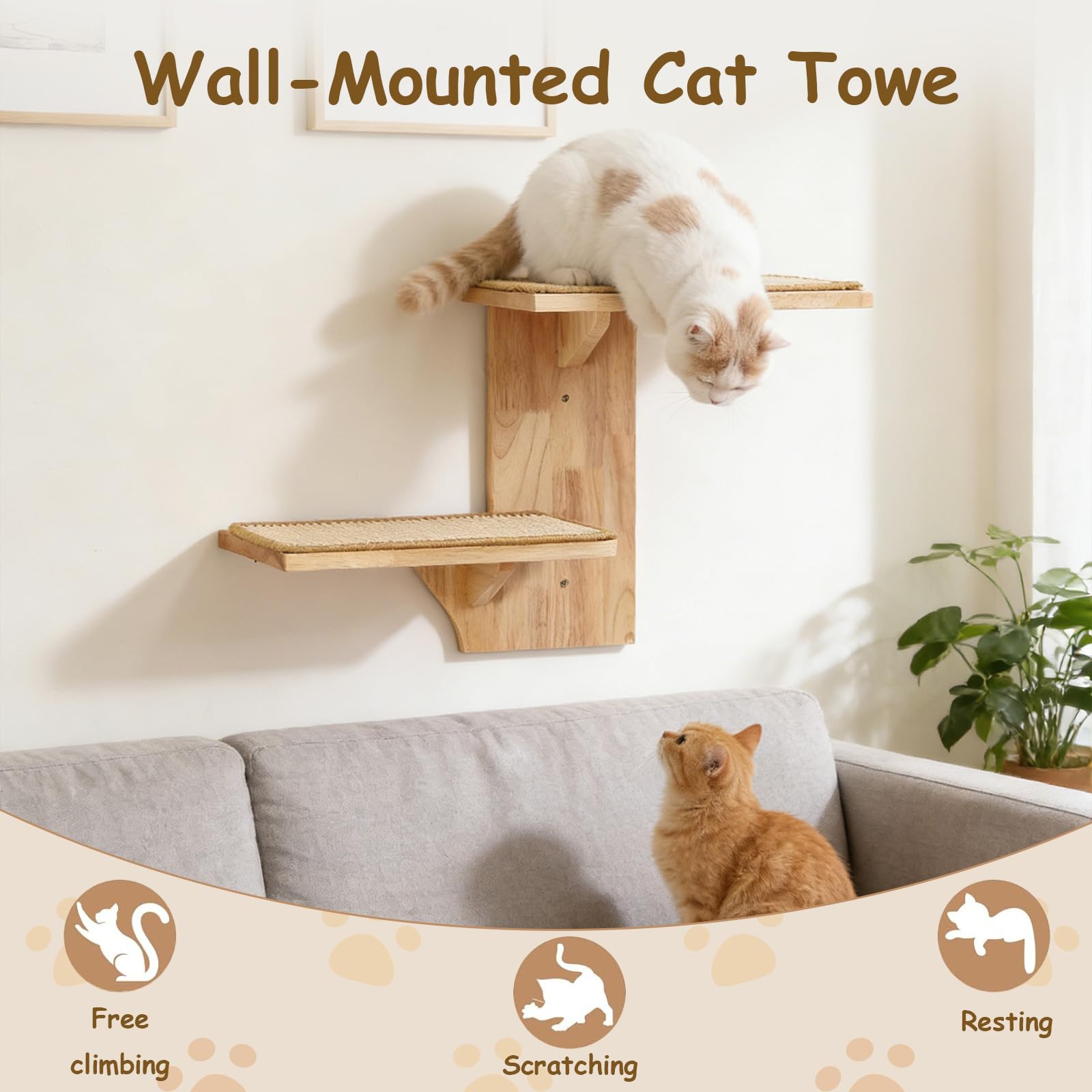 Pared de Escalada para Gatos, 2 Plataformas de Madera Maciza con sisal | Estantes murales para aprovechar el espacio vertical, zona para trepar, jugar y descansar, adecuados para gatos de interior