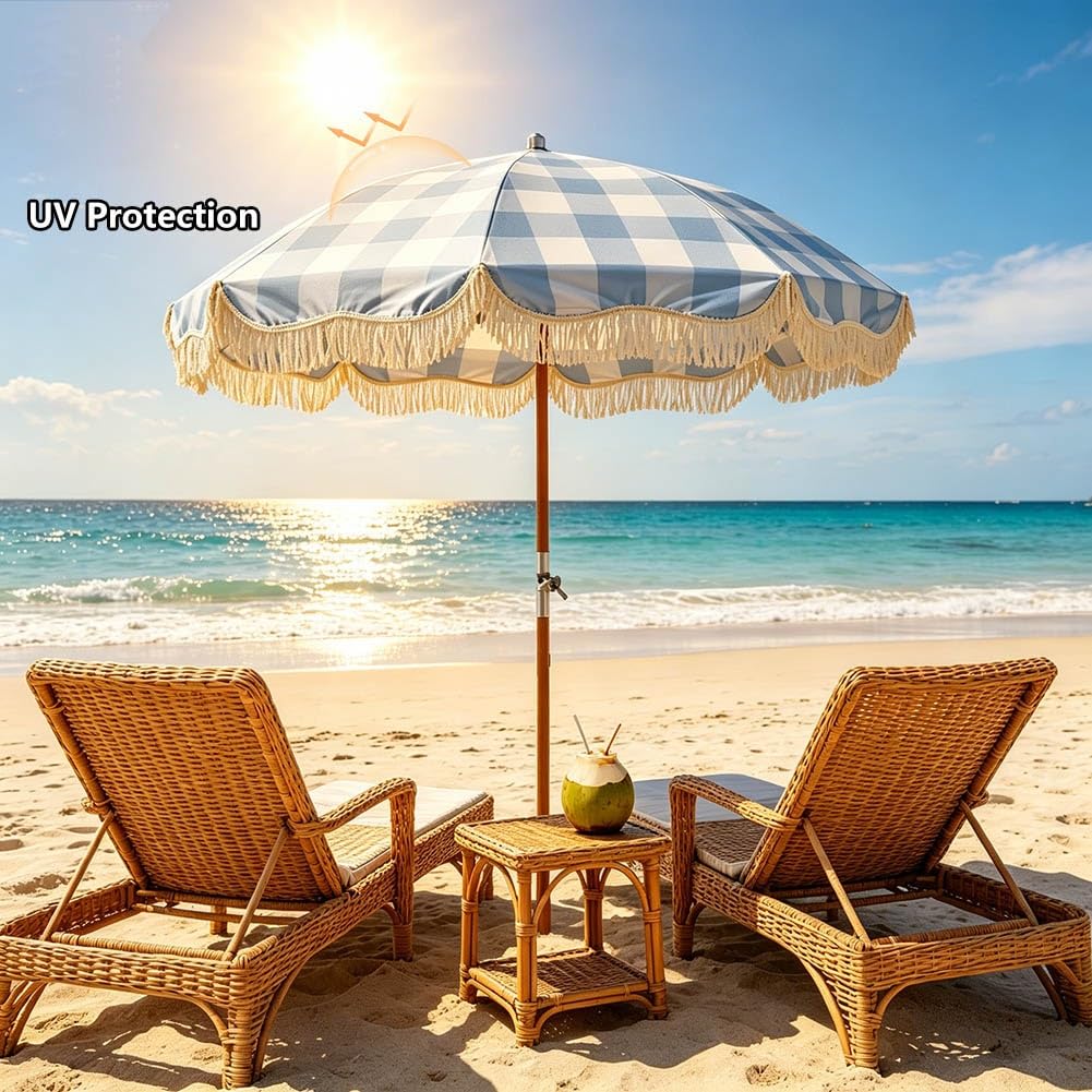 200 cm Parasol Plażowy Boho z Frędzlami, Parasol Przeciwsłoneczny z Pochylanym Drewnianym Drążkiem do Ogrodu, na Podwórko, na Basen
